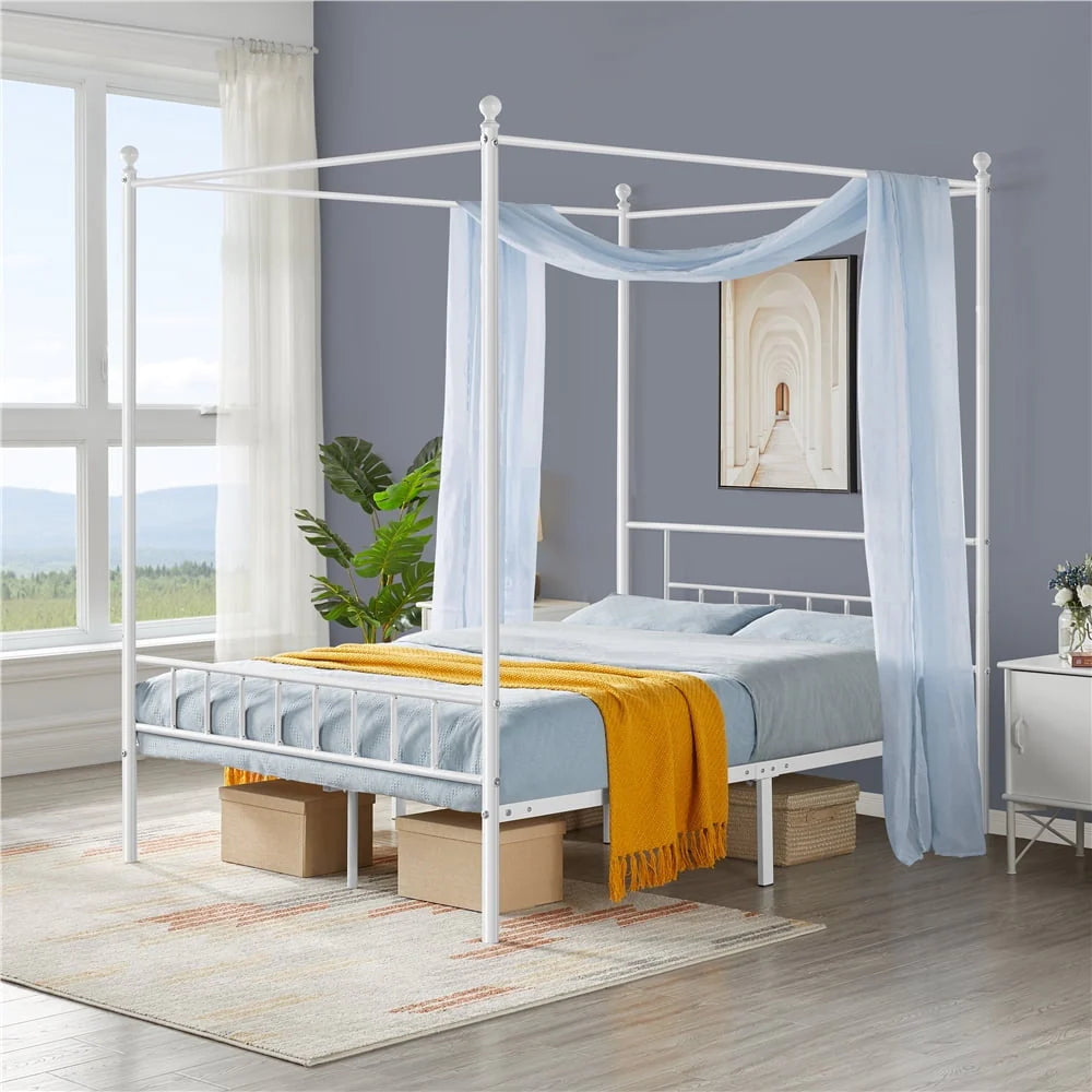 Yaheetech Metal Canopy Bed Frame, Four-poster Canopied Platform Bed with Headboard and Footboard, Queen, White