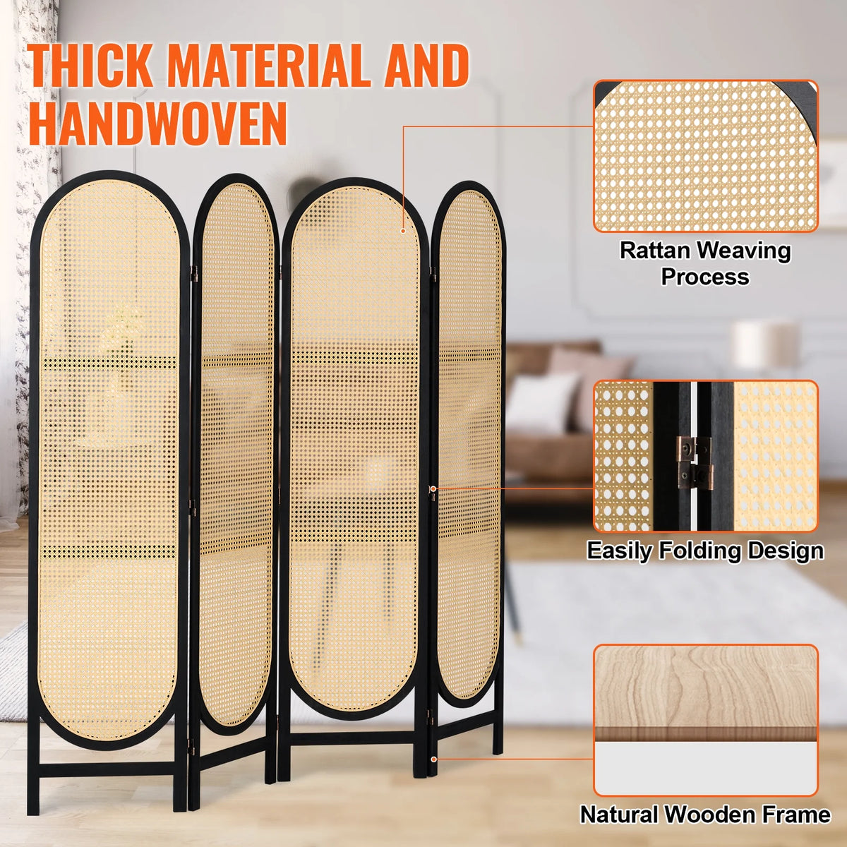 KFFKFF Quadruple Panel Space Separator, Artisan-Crafted Rattan Foldable Privacy Barriers with Connectors, Movable Space Partitions, Timber Independent Room Splitter for Sleeping Quarters, Cocoa
