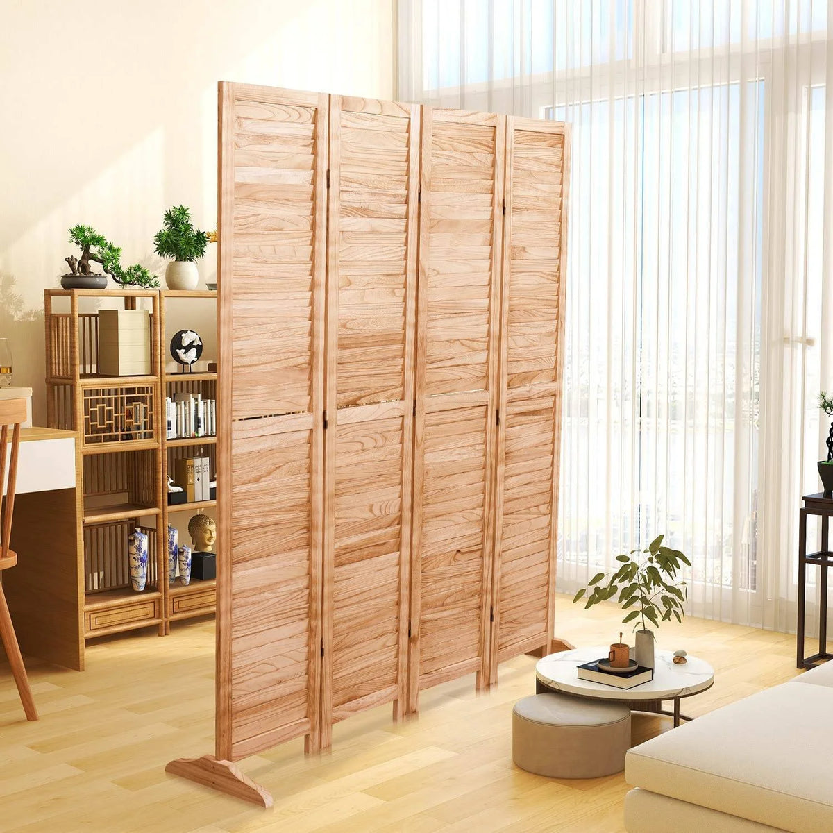 Privacy Screen 82.8'' W x 65'' H 6 - Panel Solid Wood Folding Room Divider, Natural,Outdoor Privacy Screen