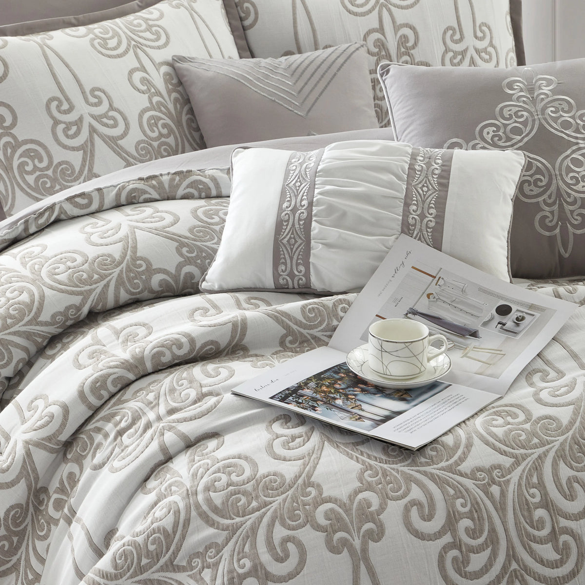 Lanco Smoke Grey Comforter Set California King Size, 9 Piece Jacquard Floral Bedding Set, All Season, Ultra-Soft, Matching Pillows & Shams, Bed Skirt