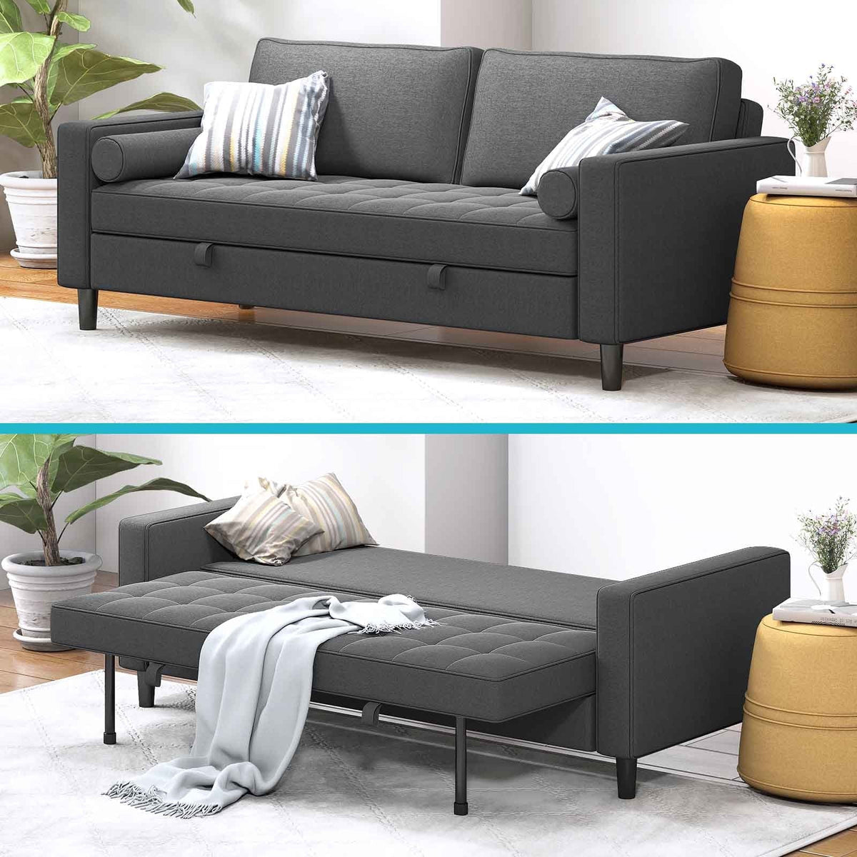 CECER Sleeper Couch, Pull Out Sofa Bed, 83 inches Folding Loveseat Futon Sleeper Couch Bed for Living Room/Bedroom/Apartment Light Grey