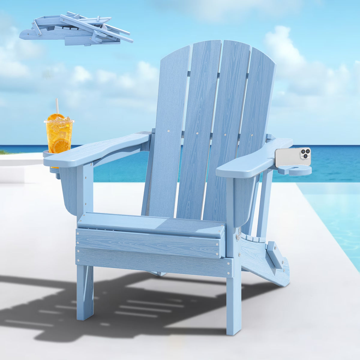 SERWALL Folding Adirondack Chair Set with Dual Cup Holders & Phone Holder, All-Weather HDPE Fire Pit Chairs for Outdoor, Patio, Poolside, Garden - Black