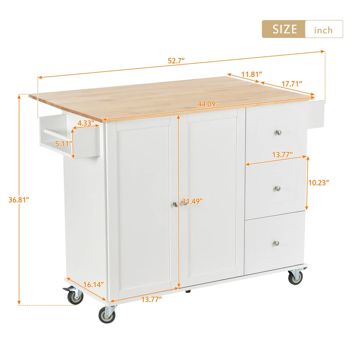 Kitchen Cart with Solid Wood Top and Drop Leaf Breakfast Bar, Rolling Mobile Kitchen Island with Storage, Spice Rack and Towel Rack, 52.7 Inch Width, Grey Blue