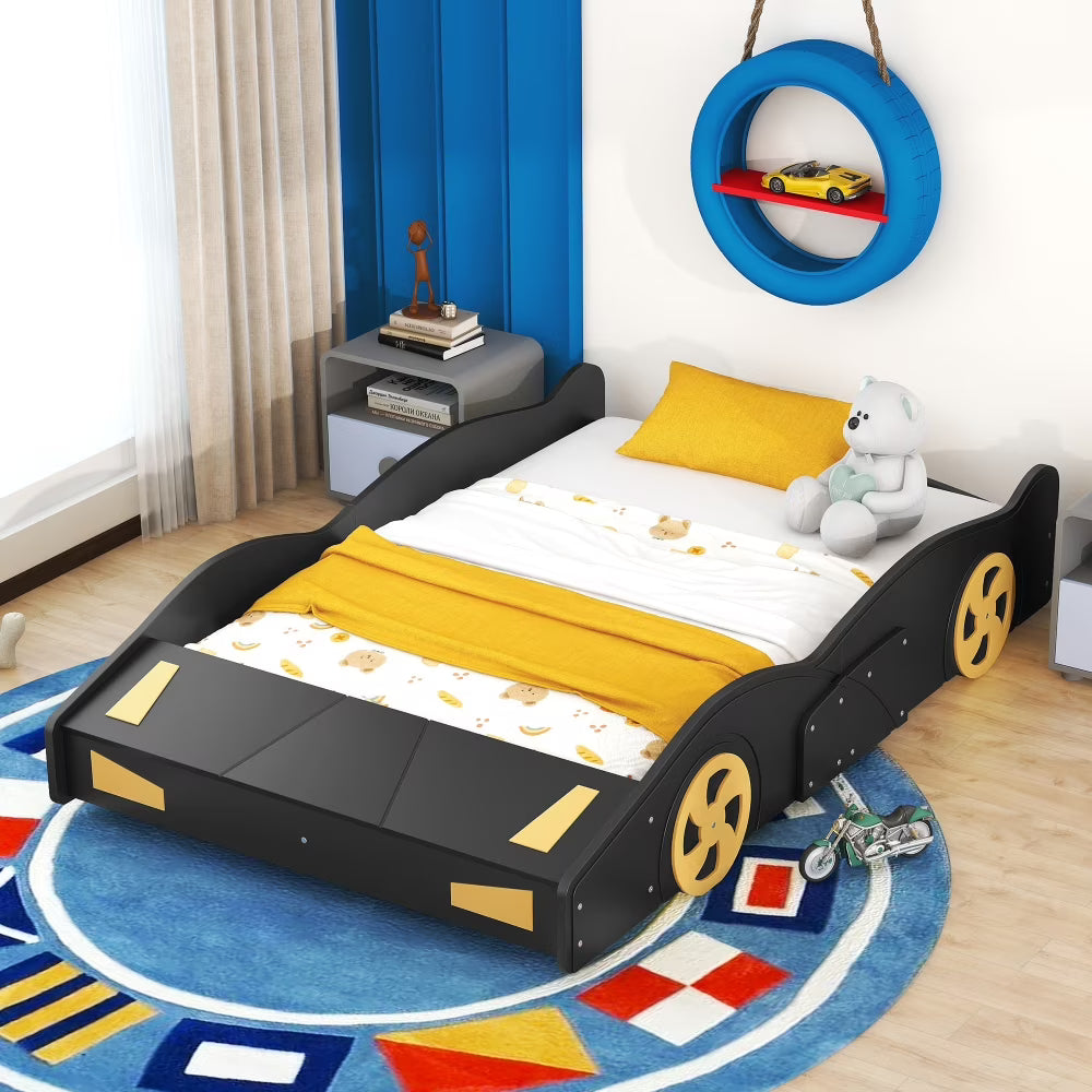 Full Size Modern Race Car-Shaped Platform Bed with Wheels and Storage, Solid Wood Platform Bed Frame with Sturdy Slat Support for Kids, Boys, Girls(Dark Blue)