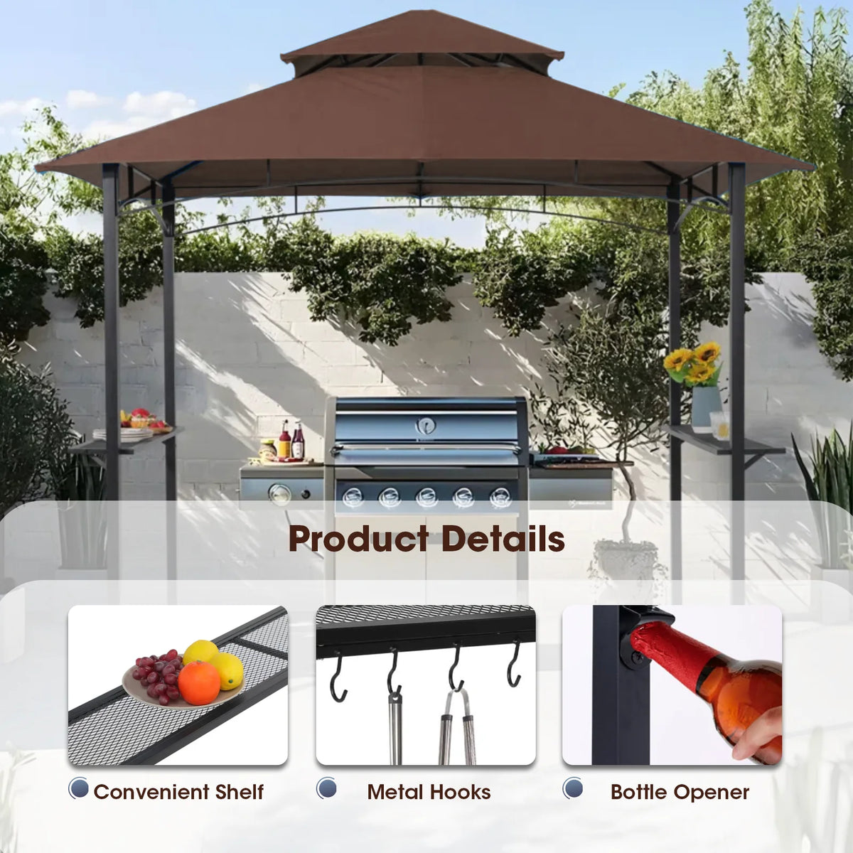 Grezone Outdoor Grill Gazebo Tent BBQ Canopy for Outdoor Grill Shelter BBQ Grill Gazebo Hardtop (L96 x W60 x H101 Inch) Brown