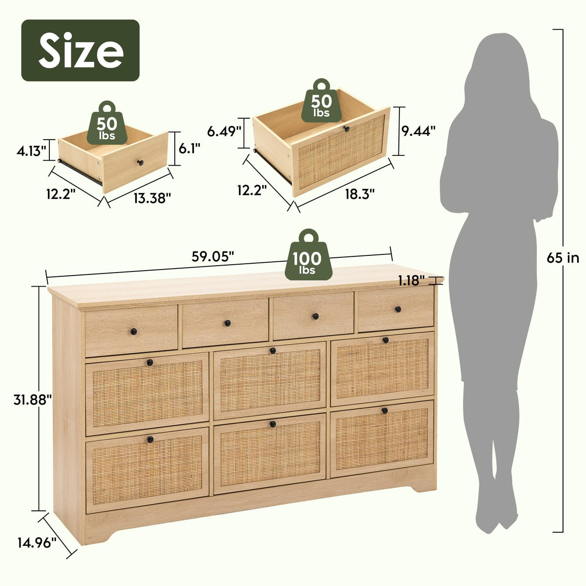 Brafabhome Rattan 6 Drawers Dresser for Bedroom, Vintage Boho Double Dresser Wicker Chest with Wooden Legs for Living Room Hallway| Mint