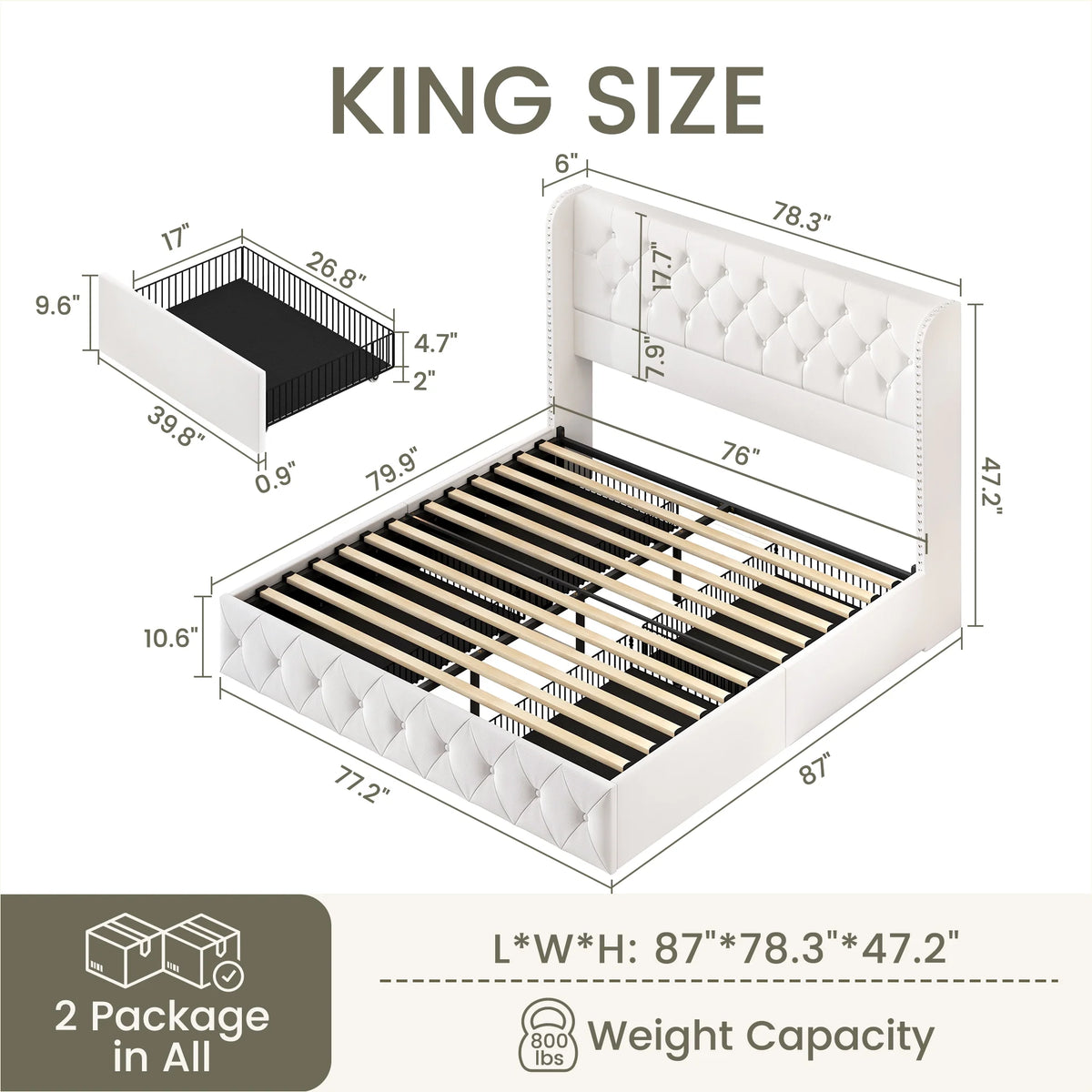 LARMACE Queen Size Platform Bed Frame with 4 Storage Drawers and Tufted Headboard Linen Upholstered Bed Wingback Bed Frame with Wooden Slats Support, Easy Assembly, Light Grey