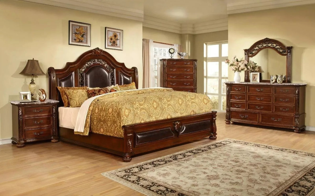 Traditional 4PC Eastern King Size Bedroom Set, Solid Wood Bed Frame Nightstand Dresser and Mirror, Cherry Finish