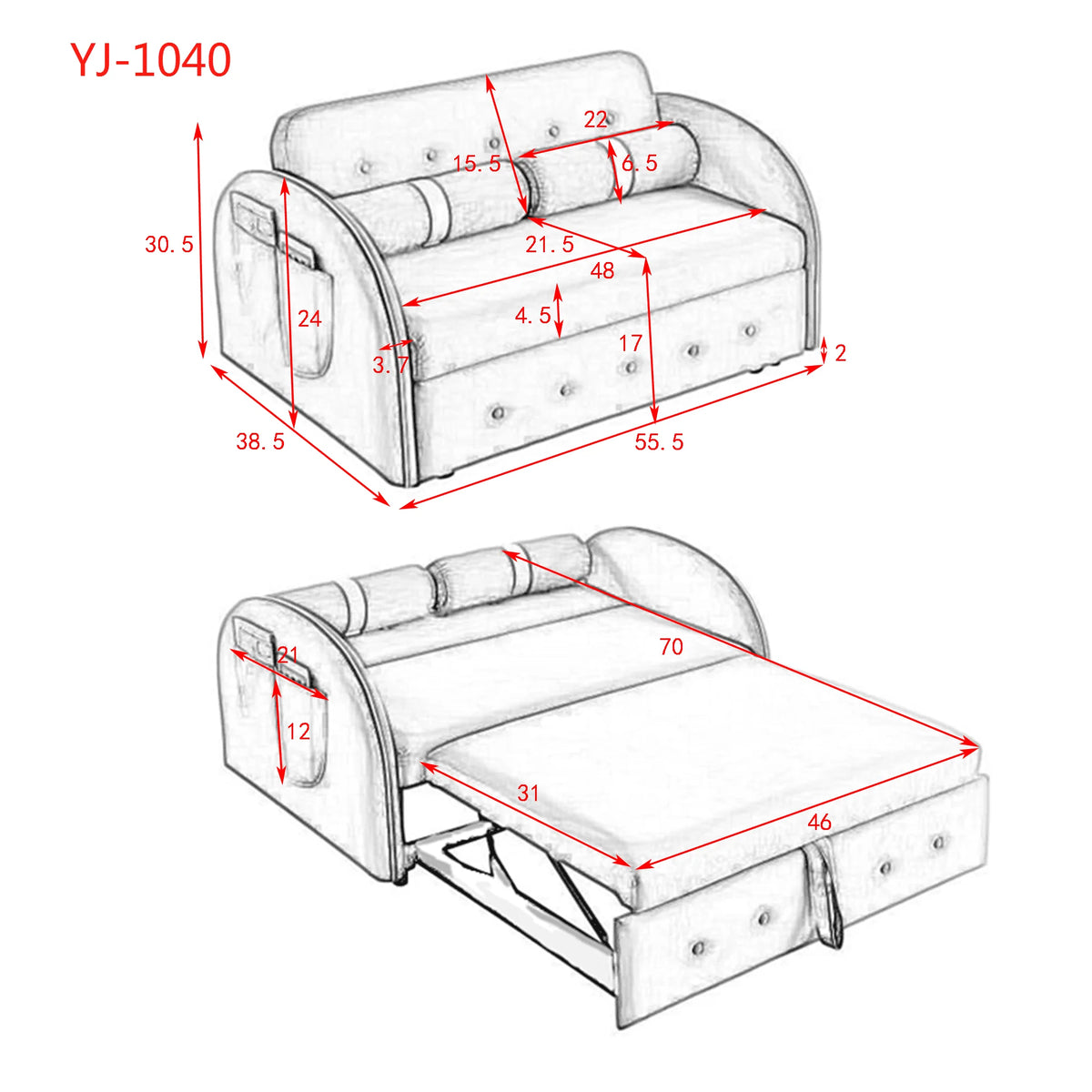 Modern Pull Out Sleeper Sofa Bed, Velvet Convertible Couch Loveseat with Adjsutable Backrest Side Pockets for Living Room Bedroom Apartment Office