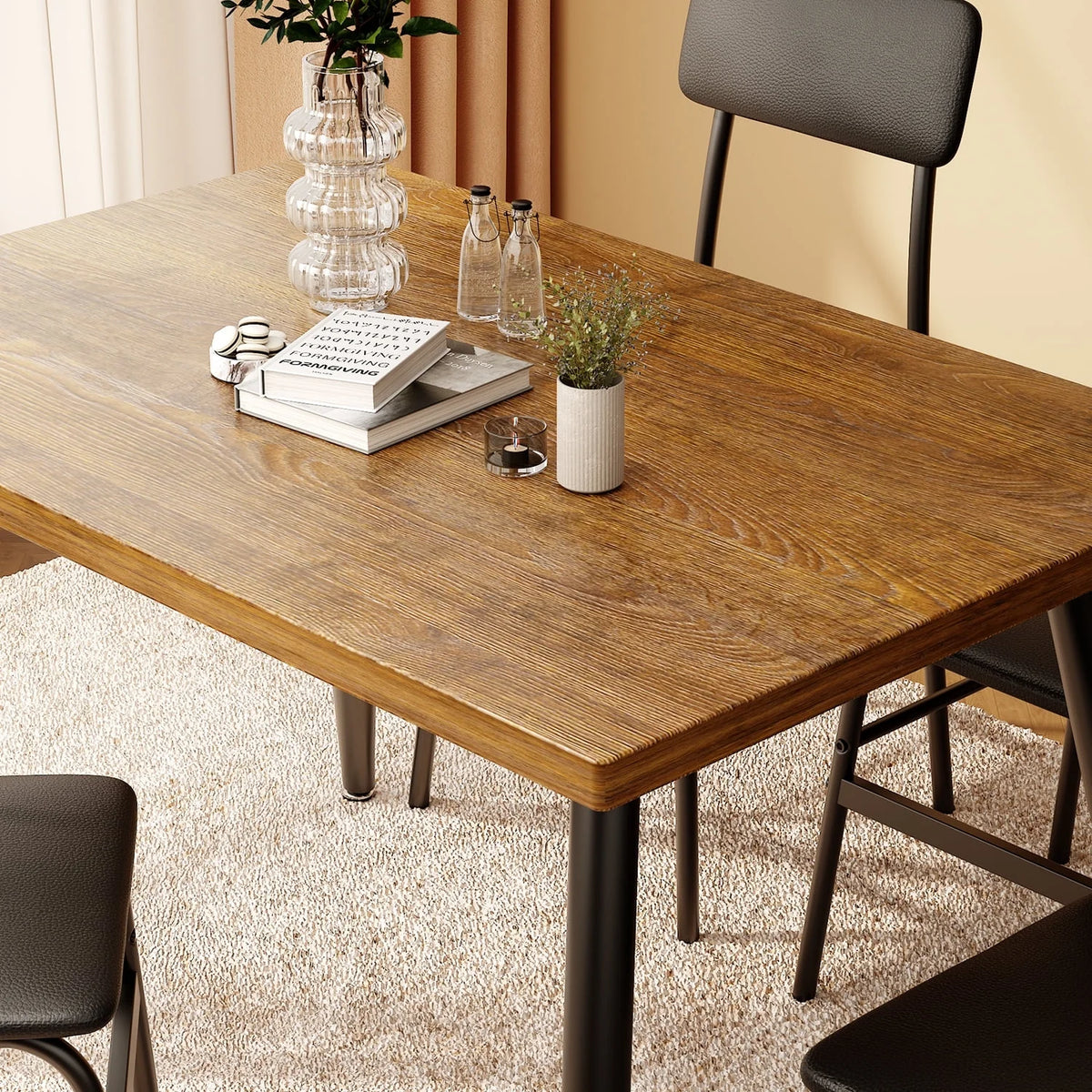 Aiho 5-Piece Modern Dining Set, Metal & Wood Table & 4 Chairs, Space-Saving for Small Spaces & Apartments, Retro