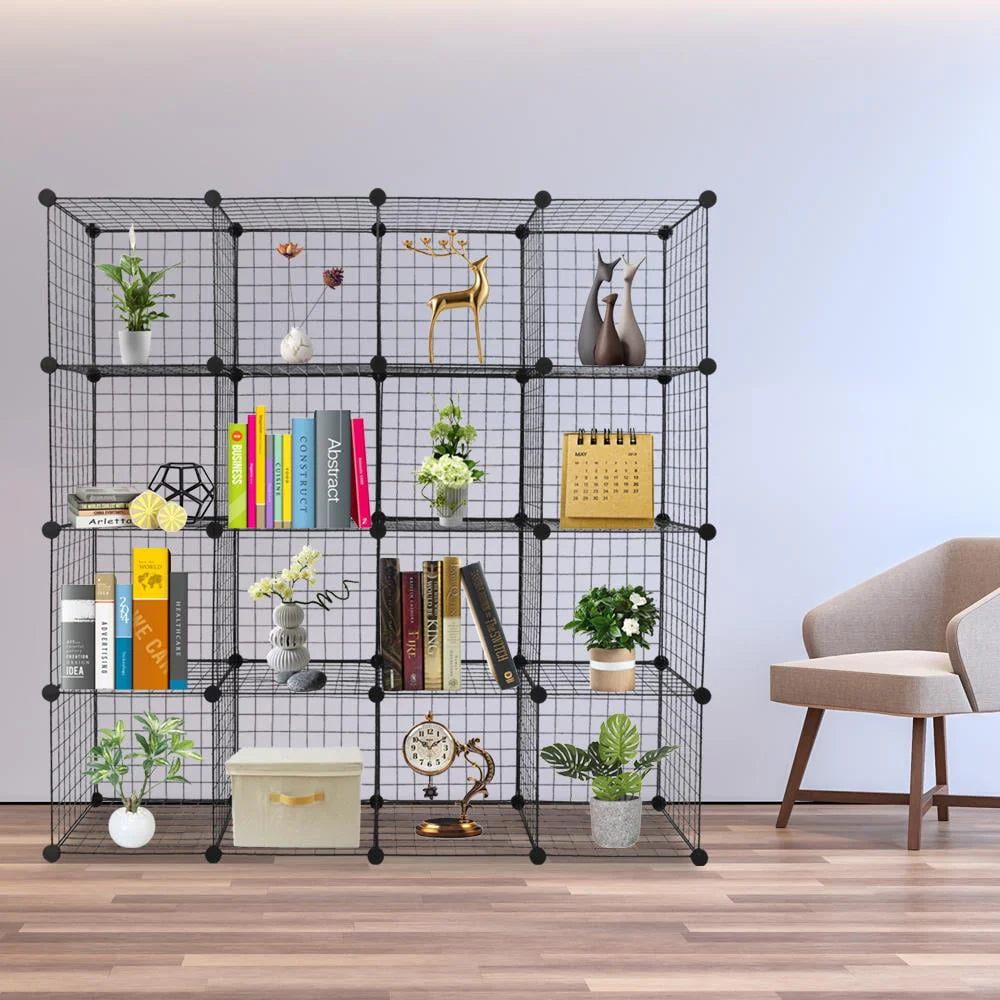 Ktaxon 16-Cube Organizer, Stackable Metal Grid Modular Cubbies Shelves Bookcase Multifunctional