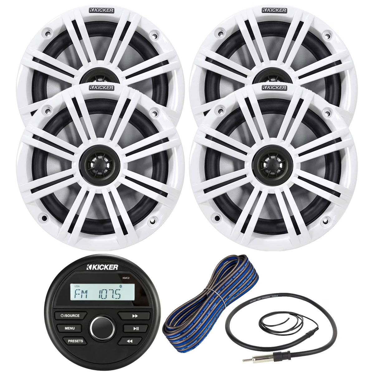 Kicker 46KMC2 Receiver + 2 Pairs 6.5" 2Way 195W Speakers w/ White Grilles, 50-ft Wire, 22" Antenna