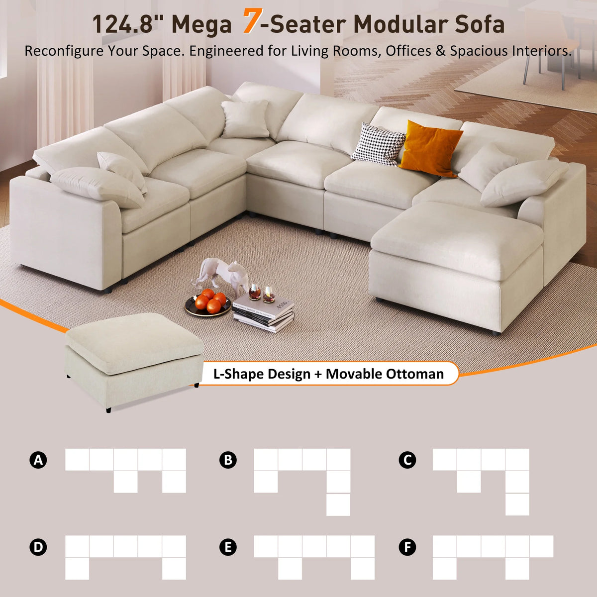 EUROCO 124.8" 7-Seater Oversized Modular Couches and Sofas Sectional with Ottoman,Sectional Sofa U/L Shaped Chenille Sectional Couch for Living Room, Office, Spacious Space