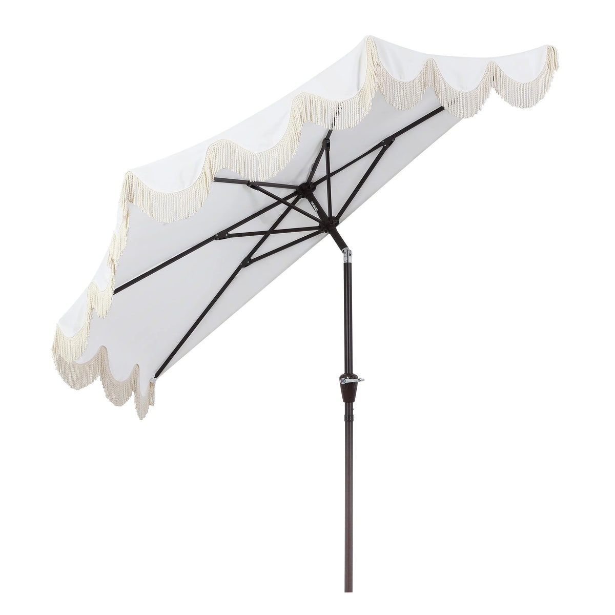 JONATHAN Y Beverly 9 ft. Half Market Patio Umbrella, Designer Classic Scalloped Fringe with Crank, Tilt Button and UV Protection, Blue/White/Cream, Dark Brown Pole