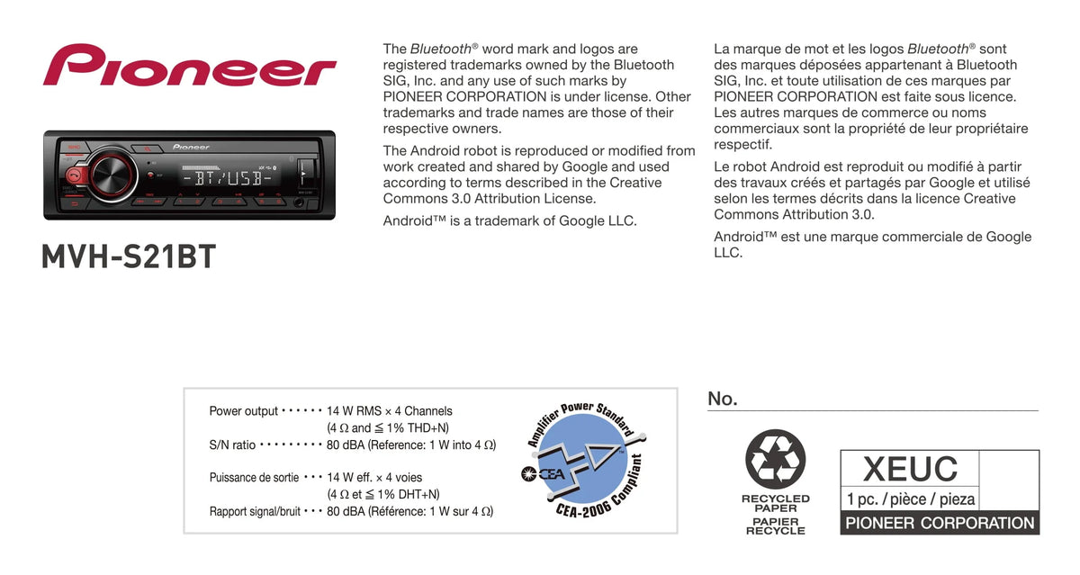 Pioneer MVH-S21BT Digital Media Receiver, Single DIN, In-Dash
