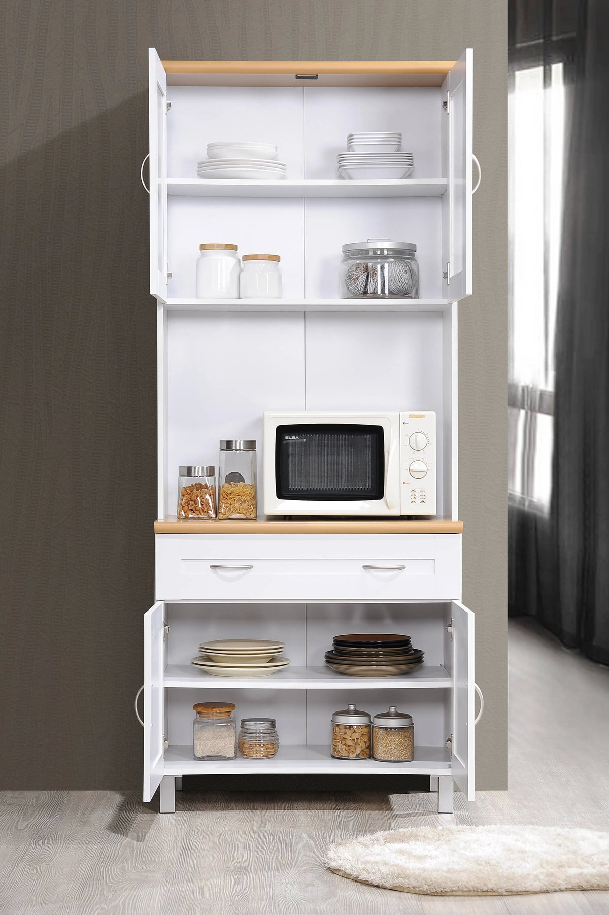 Hodedah Tall Free Standing Kitchen Cabinet, White