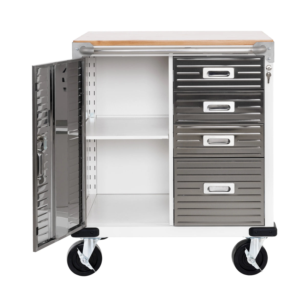 Seville Classics UltraHD® Heavy Duty Rolling Cabinet Workbench Table w/ Solid Wood Top, Workstation for Garage, Office, Workshop, Granite, 1-Door, 4-Drawer (28" W x 25" D)