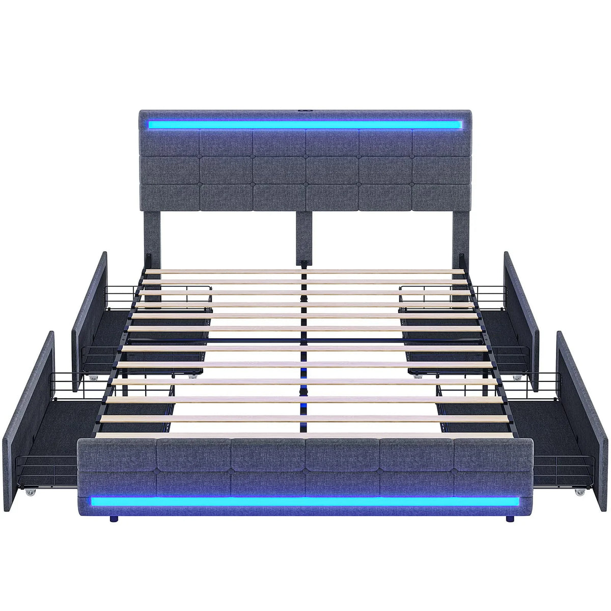 Full Size Bed Frame with 4 Storage Drawers, Platform Bed Frame with 2 USB Ports, Upholstered Bed with LED Headboard Footboard, Square Stitched Button Tufted Design, Dark Grey