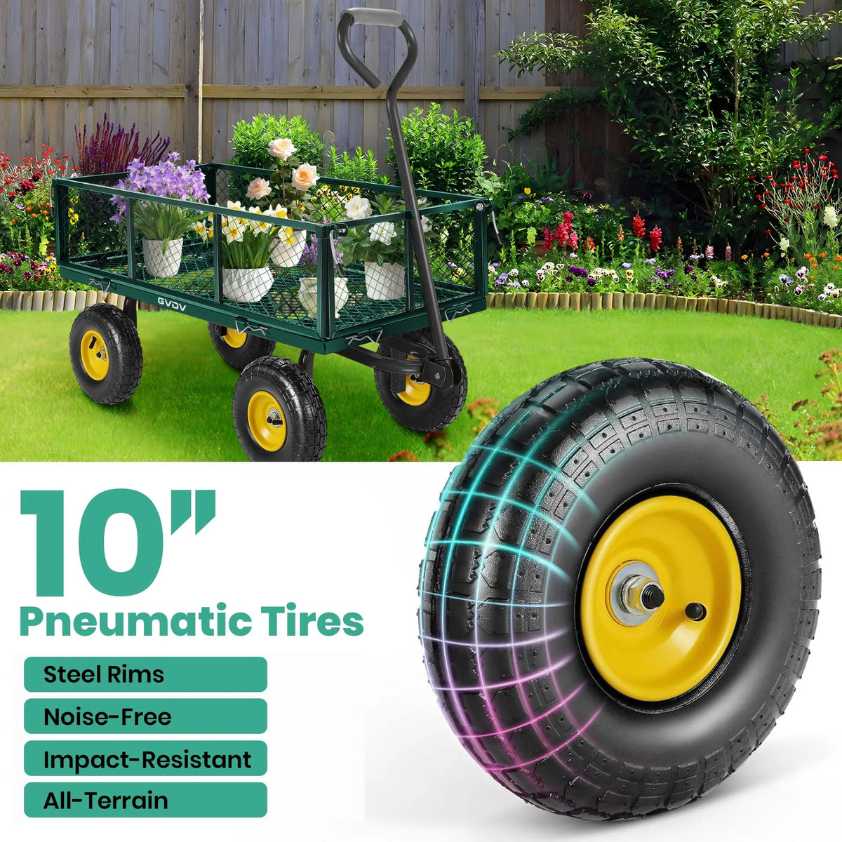 GVDV Heavy Duty Steel Garden Cart with Liner, 660lbs Capacity, 3 Cu ft, 10" All-Terrain Wheels, Black/Yellow �C Durable Utility Cart for Yard Work, Hauling, and Outdoor Use
