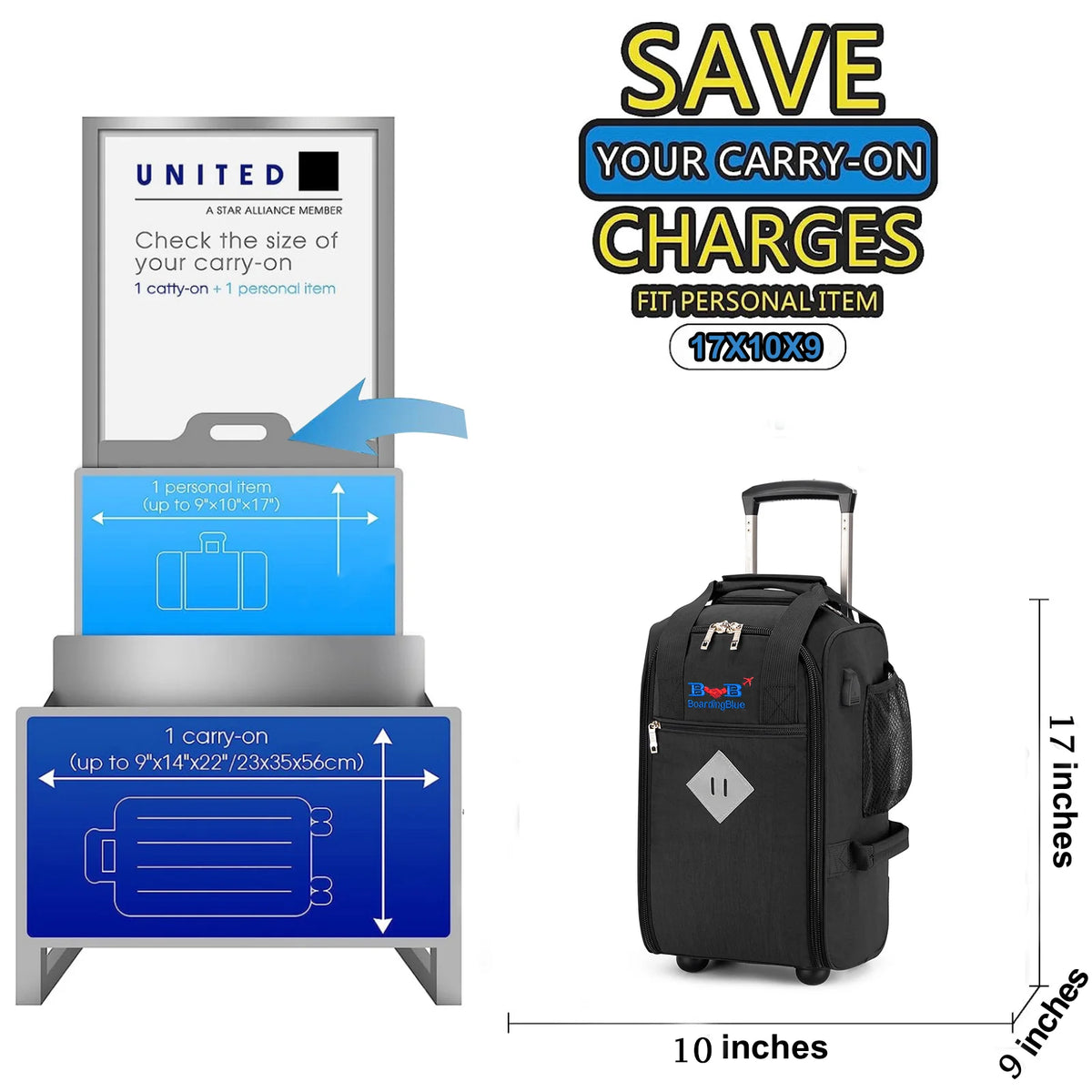 17" Rolling Personal Item Under Seat Duffel for United Airlines