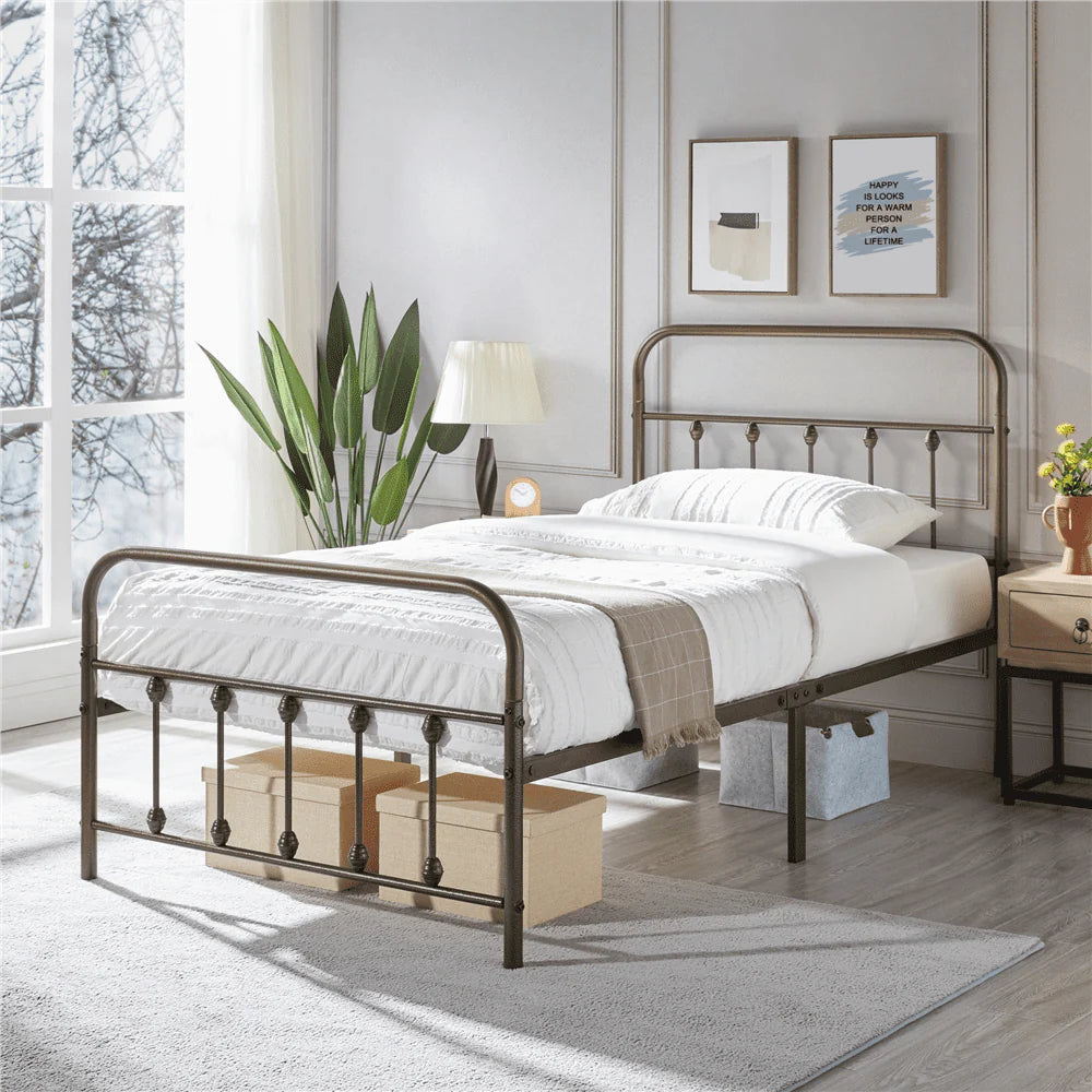 Smile Mart Metal Platform Twin Bed with High Headboard, Bronze