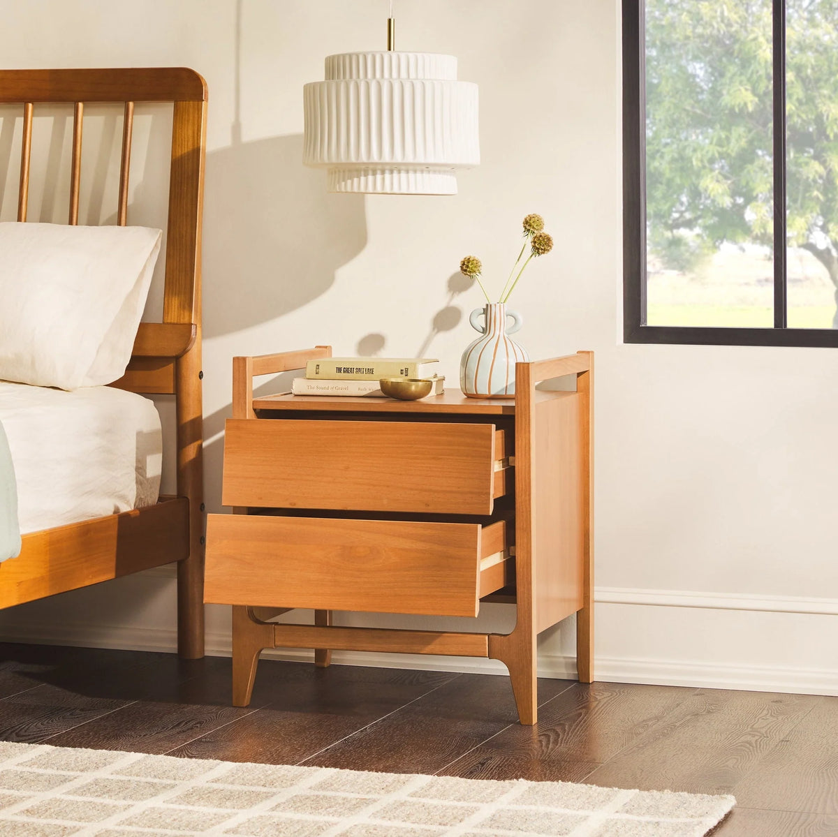 Walker Edison Mid-Century Modern Solid Wood 2-Drawer Nightstand, Caramel