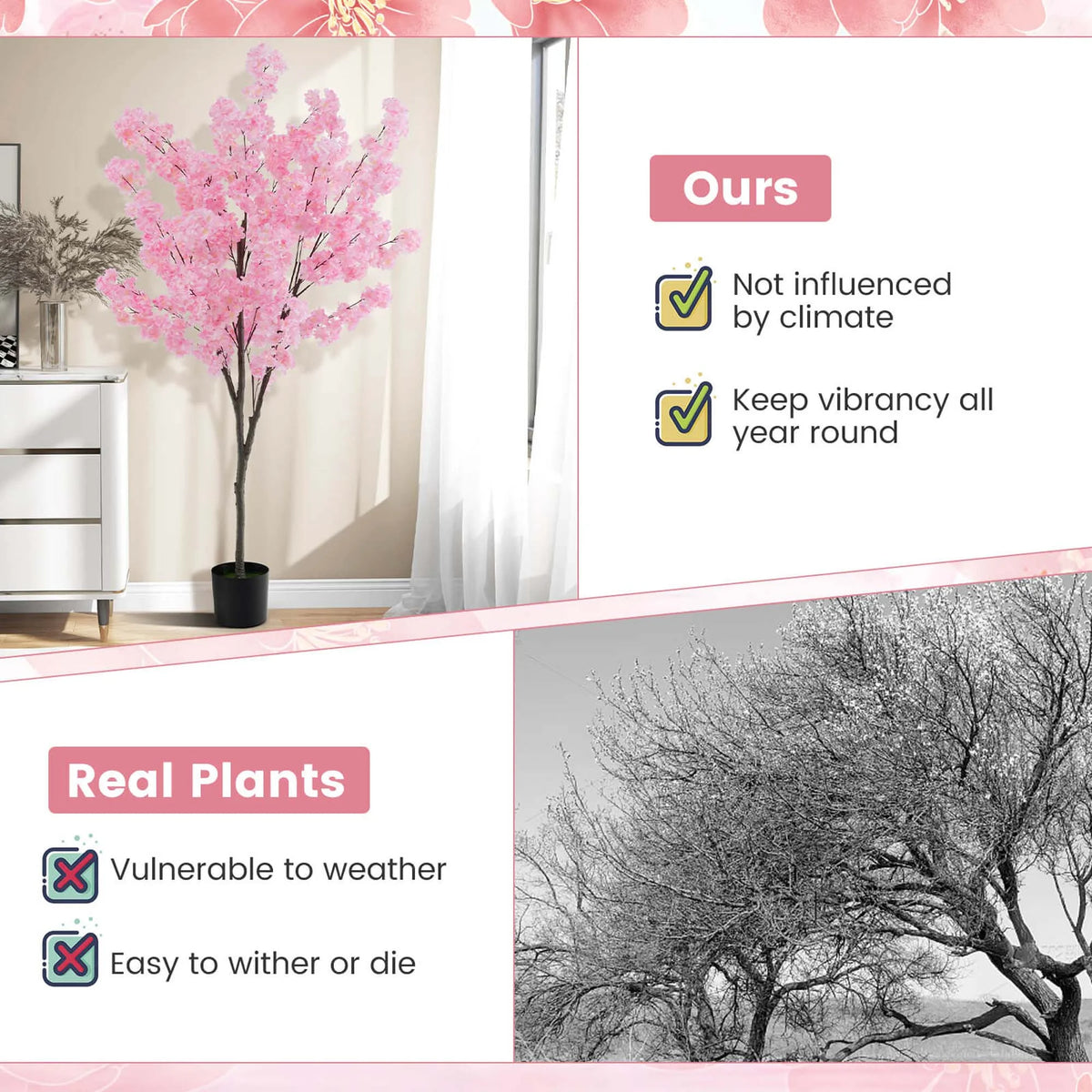 Costway 6.5 FT 2 PCS Tall Artificial Cherry Blossom Tree with 900 Pink Flowers Cement-filled