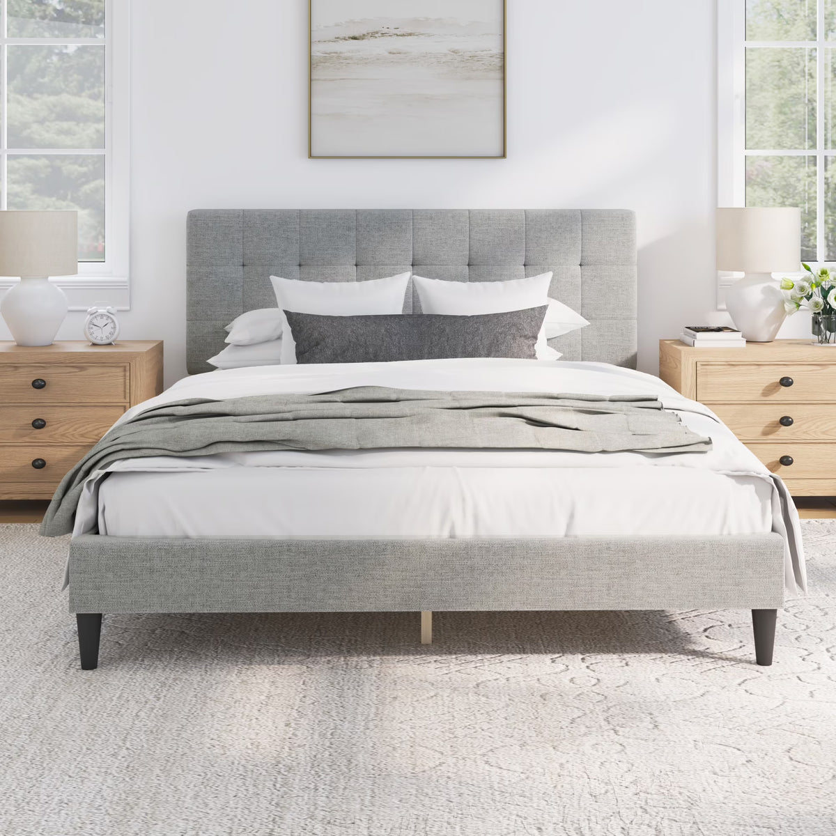 Mainstays Hillside Square Tufted Upholstered Full Platform Bed, Ivory Fabric