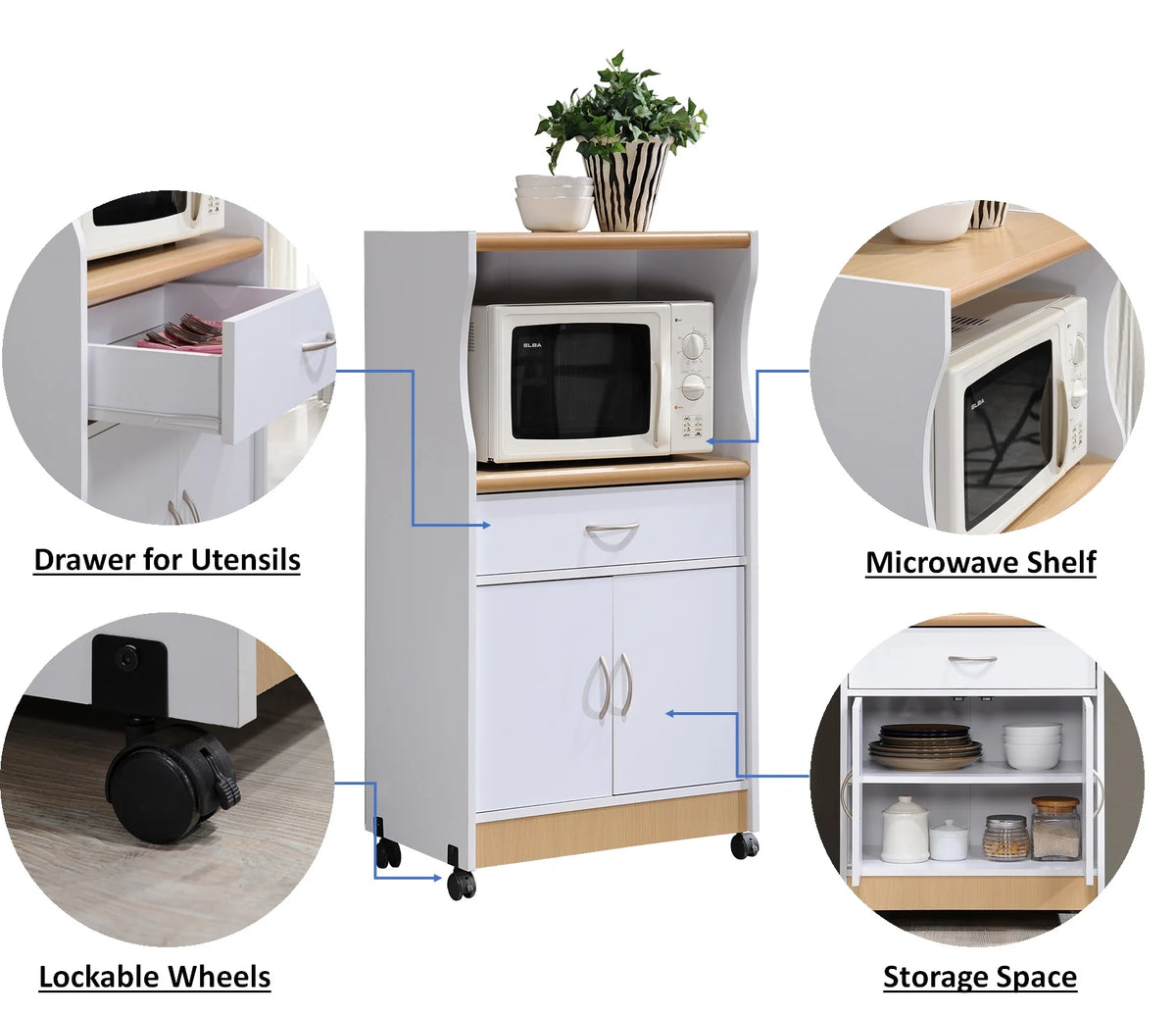 Hodedah Microwave Kitchen Cart, White