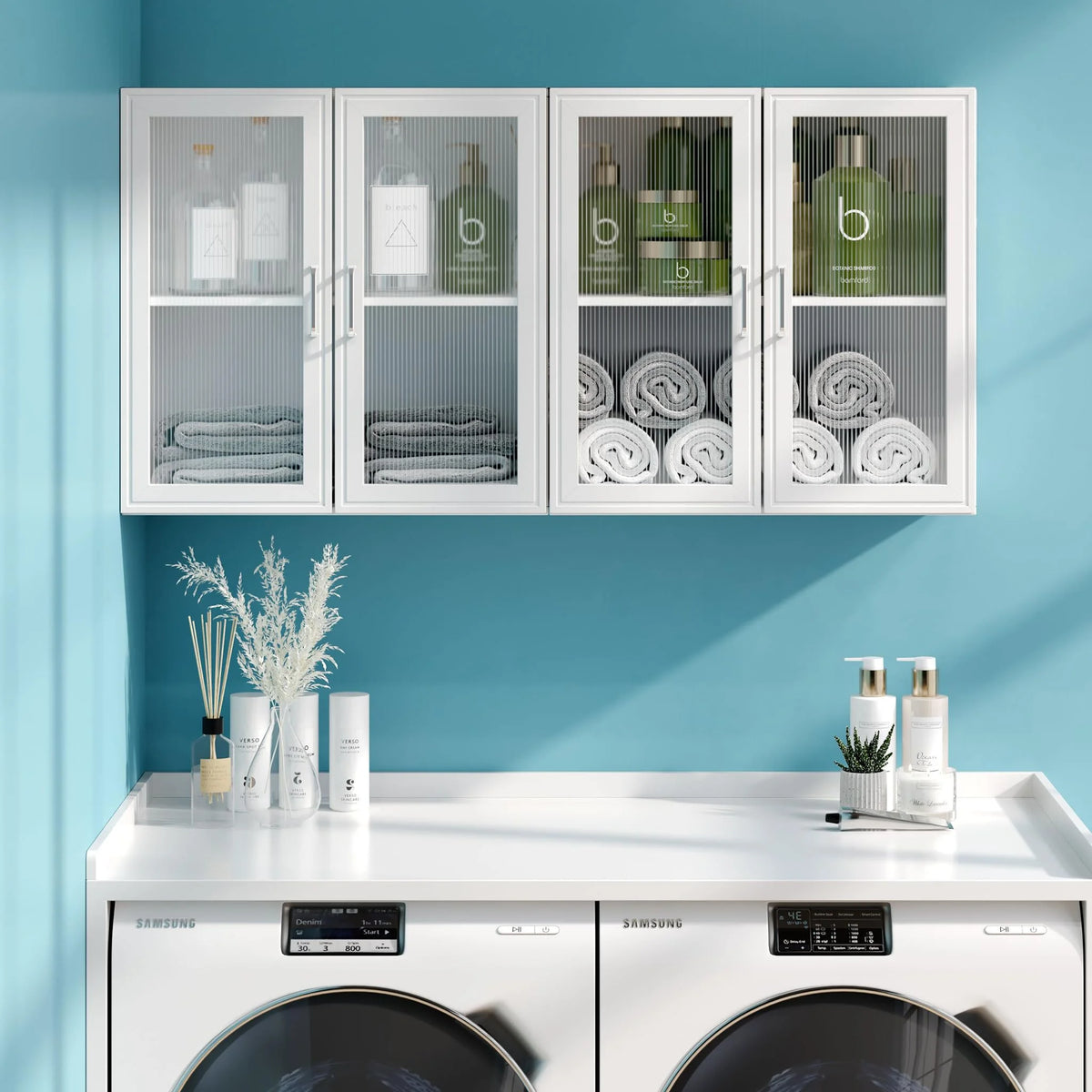 POLIHOME Display Wall Cabinet with Tempered Glass Doors��Storage Cabinet with Adjustable Shelves