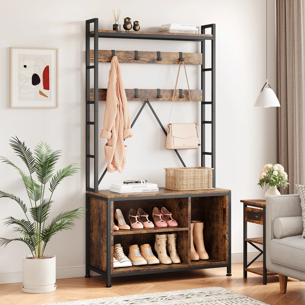 Hall Tree with Bench 36.41" Coat Rack Freestanding 5 in 1 Industrial Shoe Bench with 3 Storage Cubbies and 8 Hooks Entryway Coat Rack with Shoe Storage, Brown