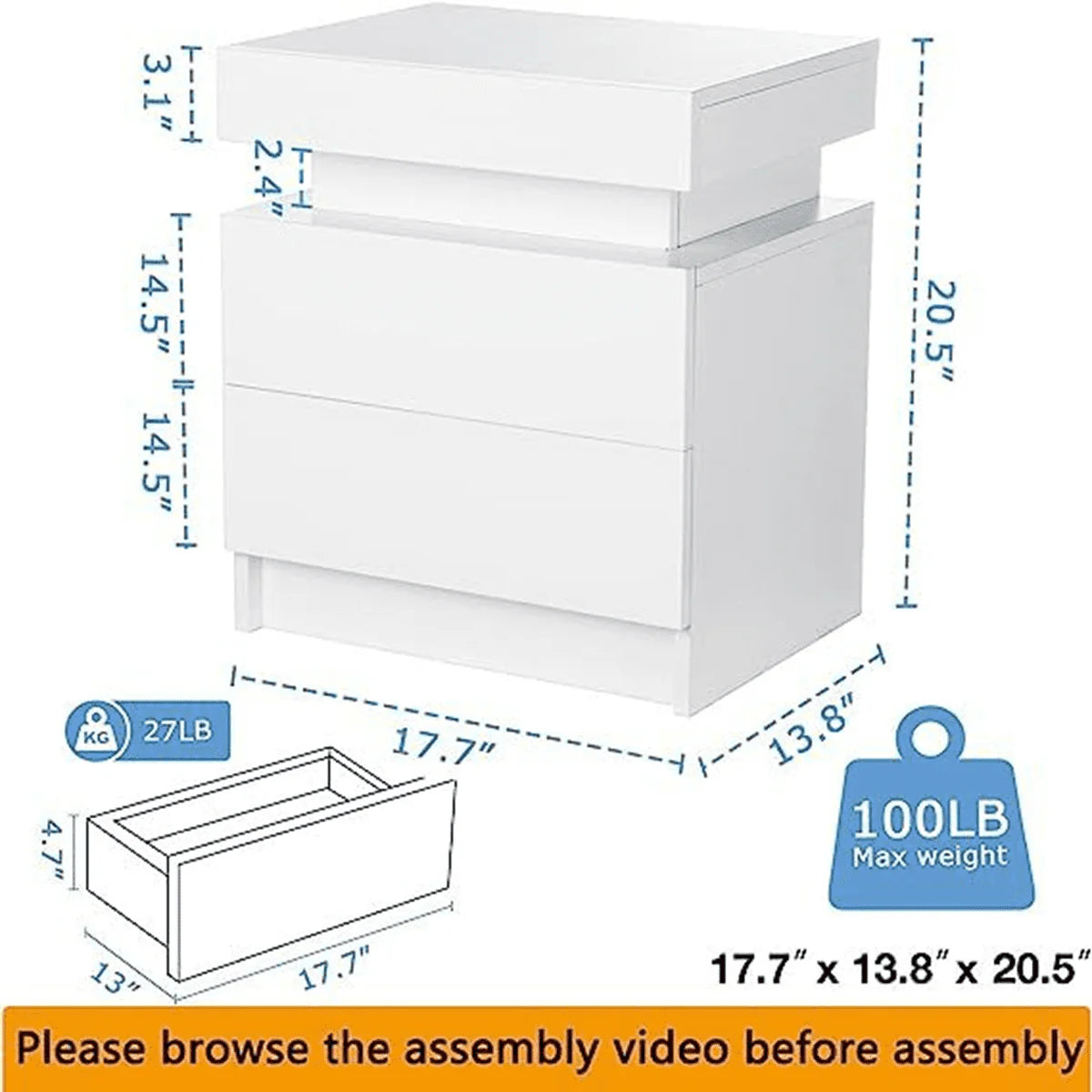 Hommpa Modern LED Nightstand with 2 Drawers High Gloss Led Light Bedside Table Storage White Night Table with Lights End Side Table with Drawer for Bedroom 20.5" Tall