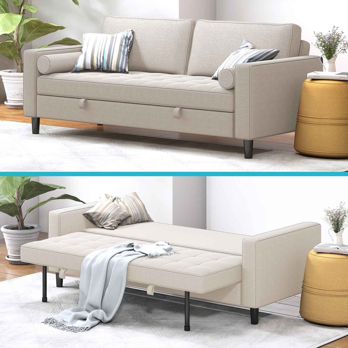CECER Sleeper Couch, Pull Out Sofa Bed, 83 inches Folding Loveseat Futon Sleeper Couch Bed for Living Room/Bedroom/Apartment Light Grey