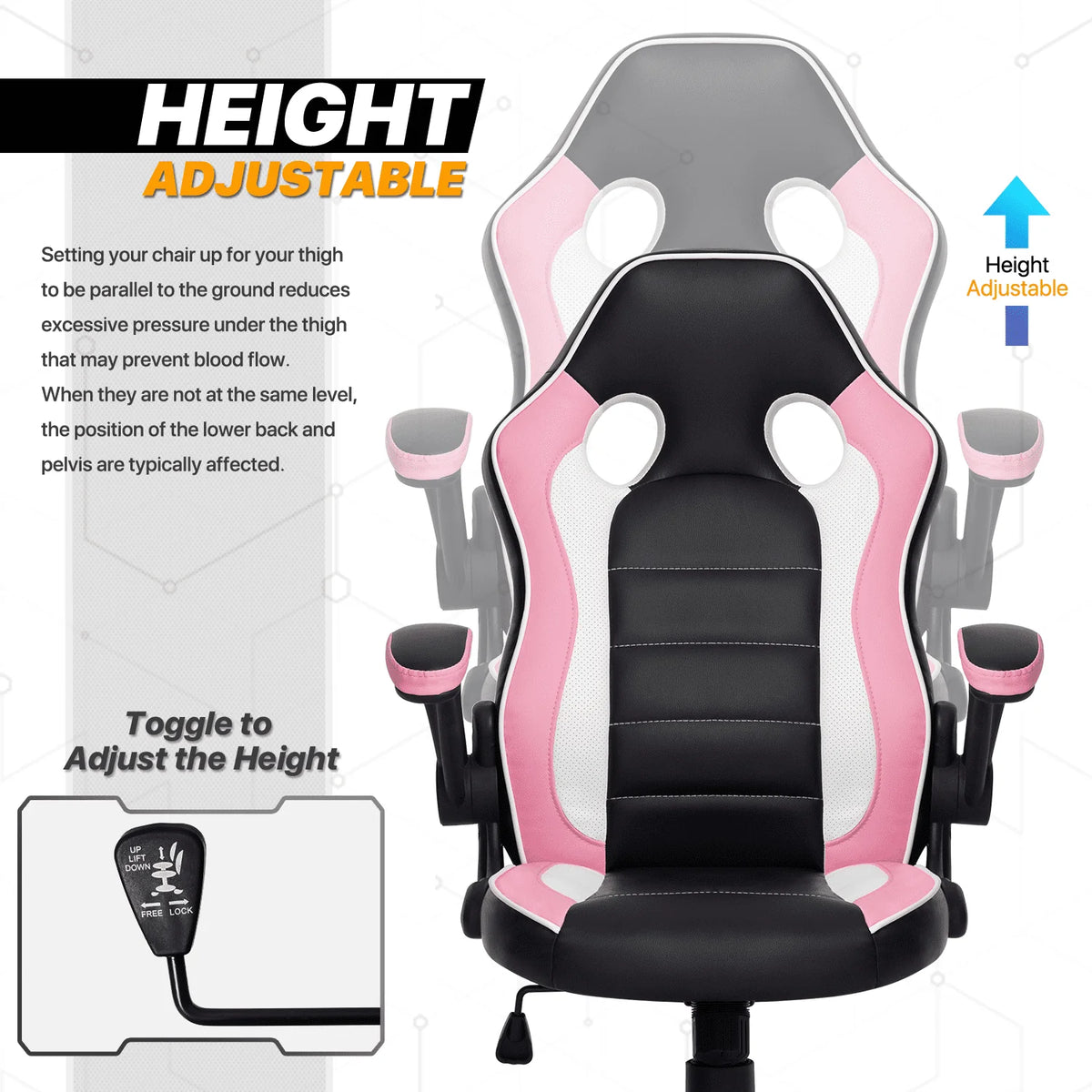 MoNiBloom PU Leather Computer Gaming Chair, with Flip-Up Arms Working Desk Office Seat, Black/Pink