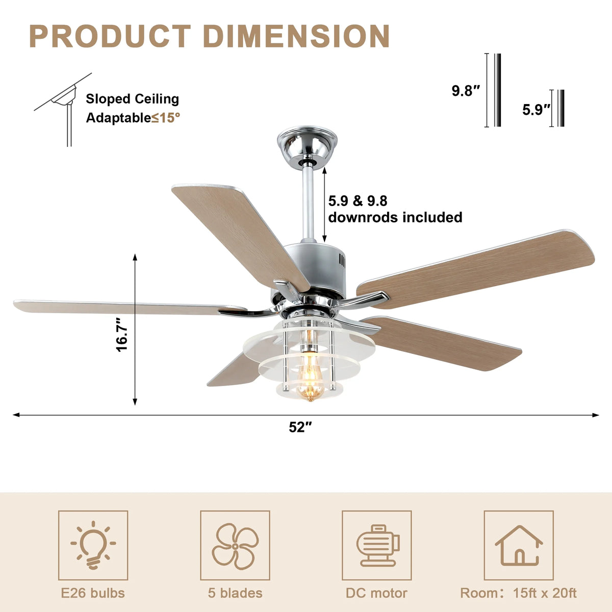 Bella Depot 52" Modern Black Ceiling Fan 6-Speed Reversible with Light and Remote Control