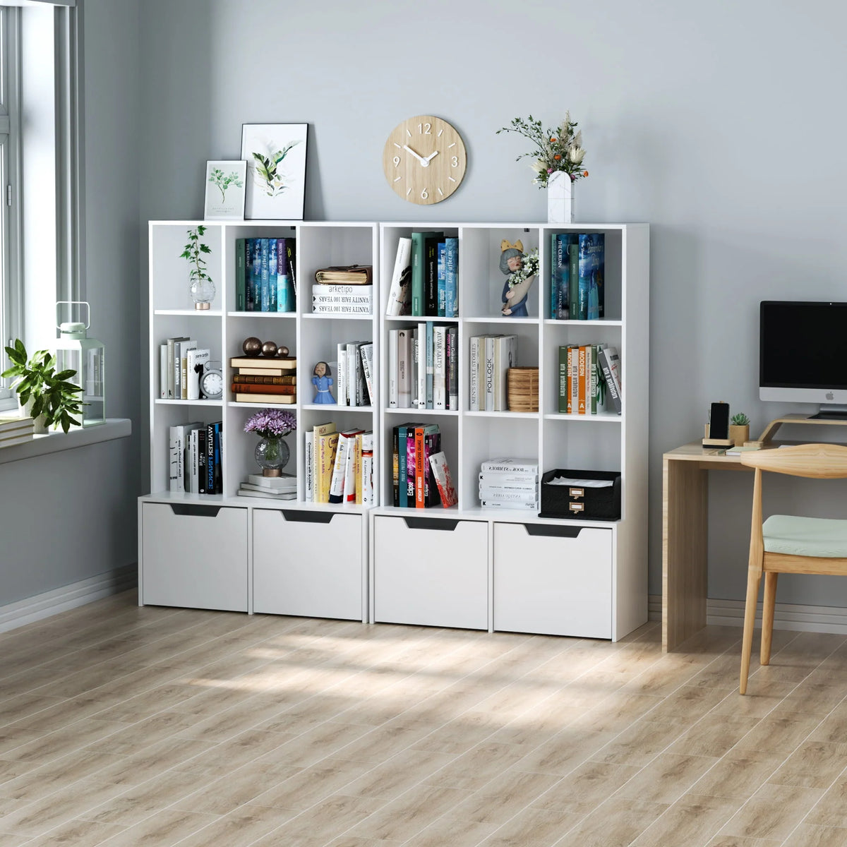 Homfa Modern Cube Bookcase, 9-Cube Storage Cabinet Display Shelf with 2 Mobile Drawers, White Finish