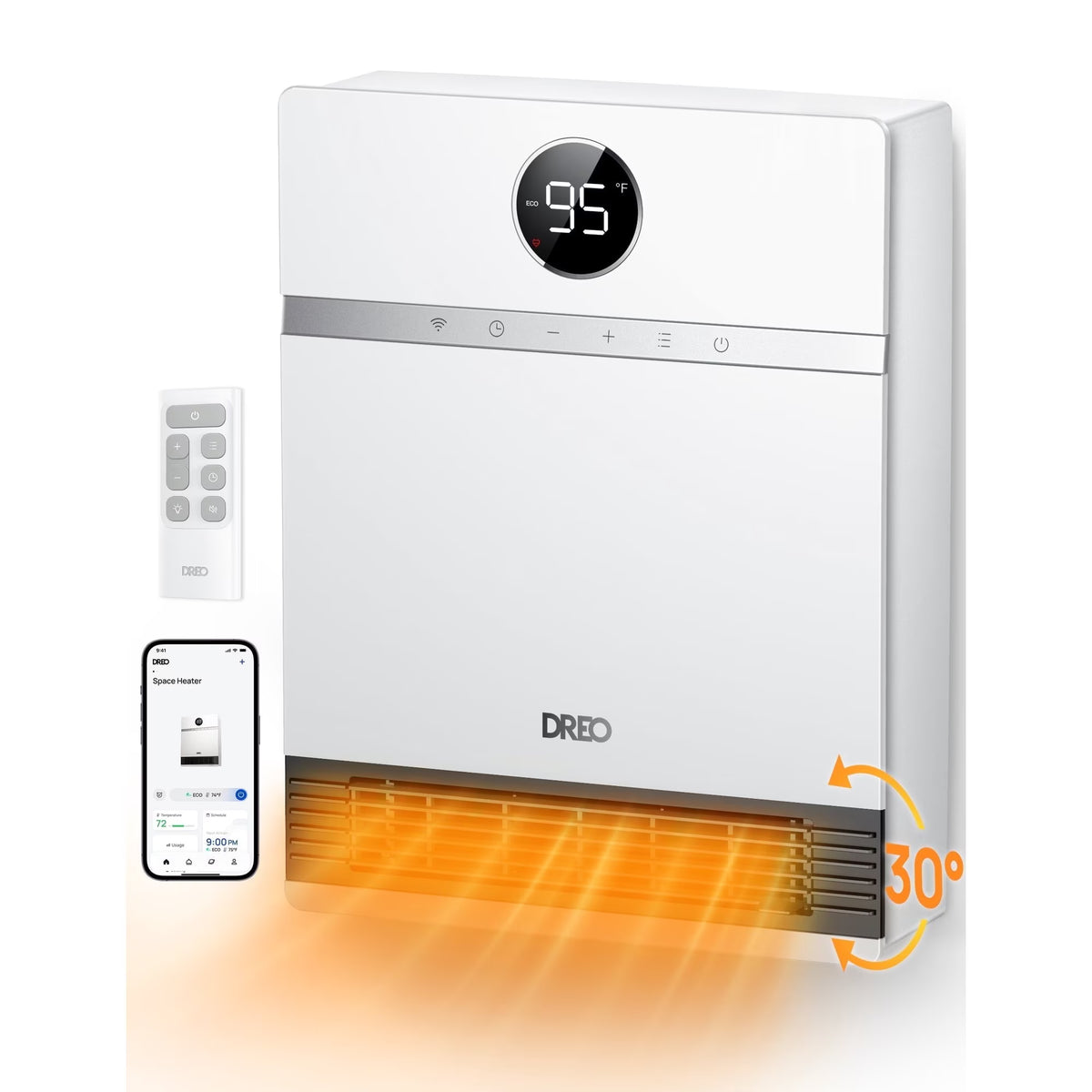 Dreo Smart Wall Heater, IP24 Electric PTC Space for Indoor Use, 30 Oscillation, Adjustable Thermostat, Remote Control, Works With Alexa, 24H Timer, Easy-Mounted for Bedroom, Office
