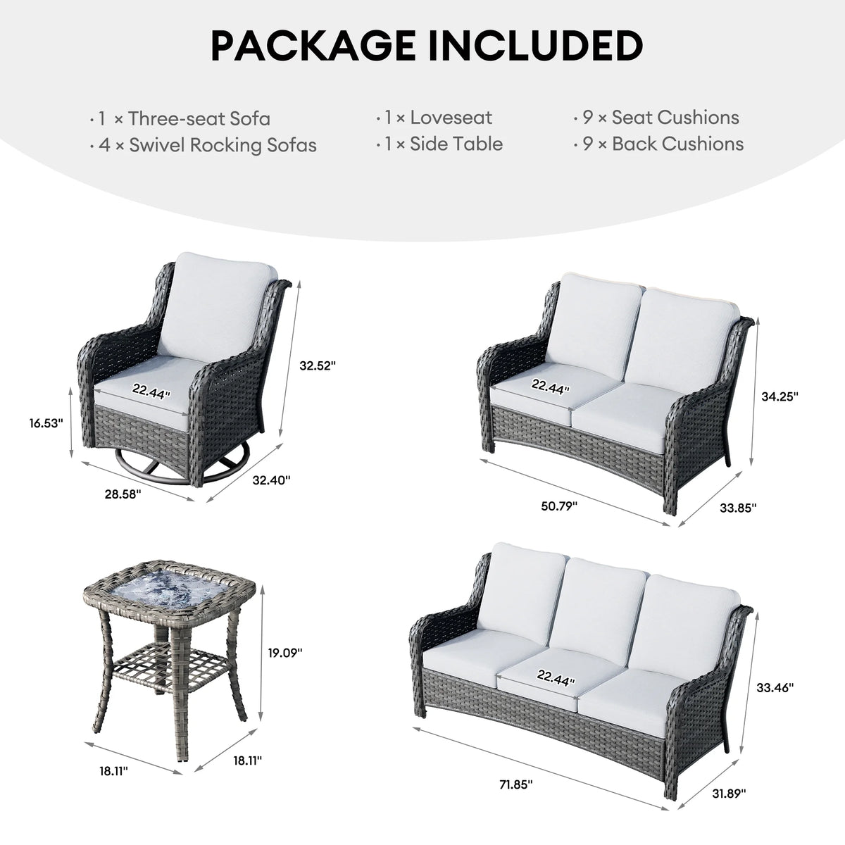 Ovios 8-Piece Wicker Outdoor Sectional Patio Set with Swivel Chairs and Loveseat, Gray