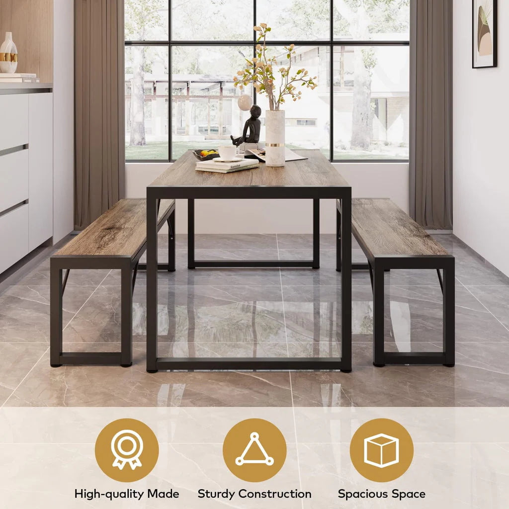 Aiho 45.5" Dining Table Set for 4 with 2 Benches for Kitchen, Dining Room - Gray