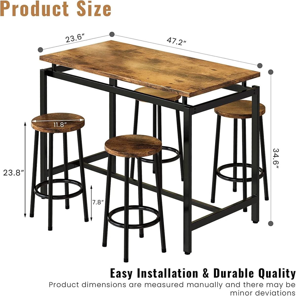 Recaceik Bar Dining Table Set for 4, Kitchen Bistro Table 34.6"H with 4 Round Stools