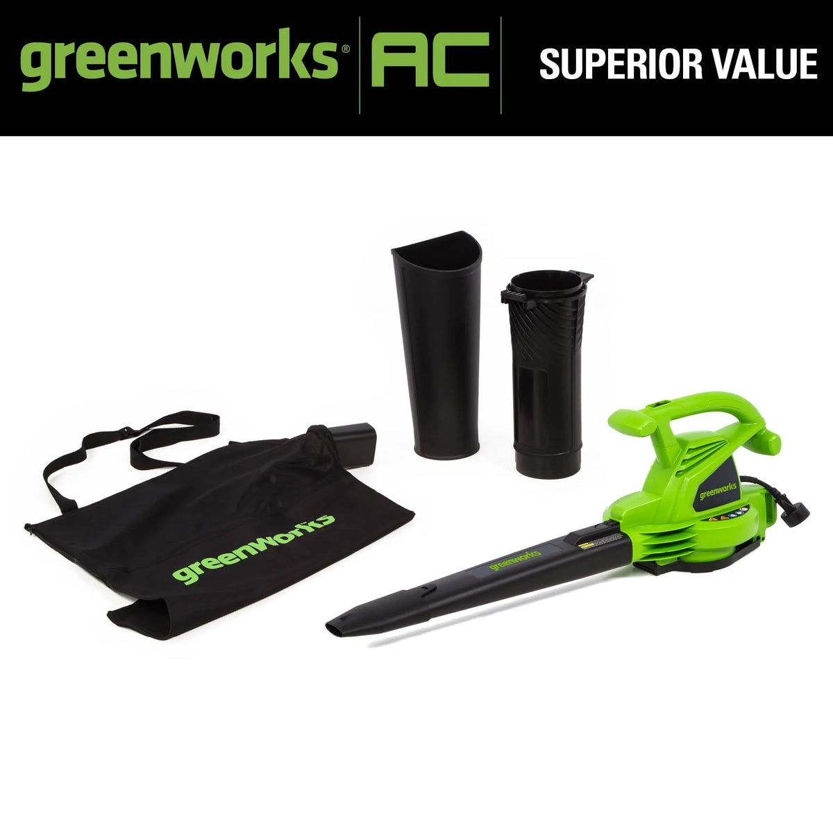 Greenworks 12 Amp 375 CFM Corded Electric Leaf Blower/Mulcher/Vacuum, 24022