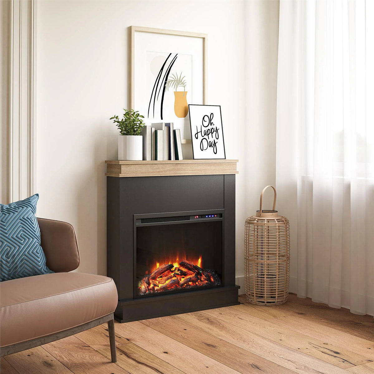 Mateo Electric Fireplace with Mantel and Touchscreen Display, Ivory Oak with Rustic Mantel