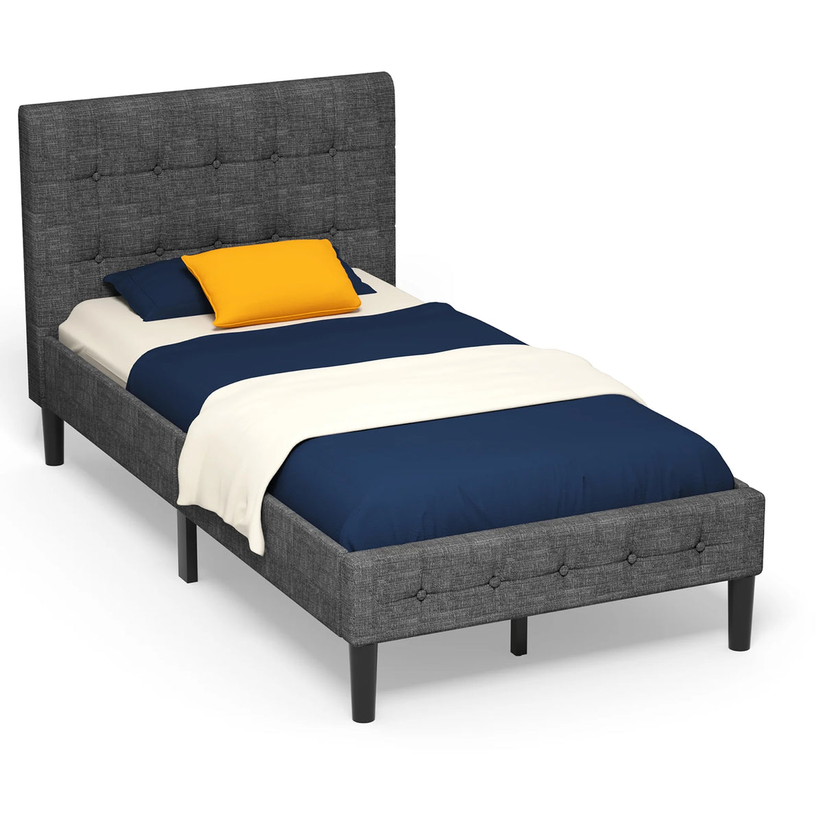 Costway Twin Upholstered Bed Frame Button Tufted Headboard Mattress Foundation Beige
