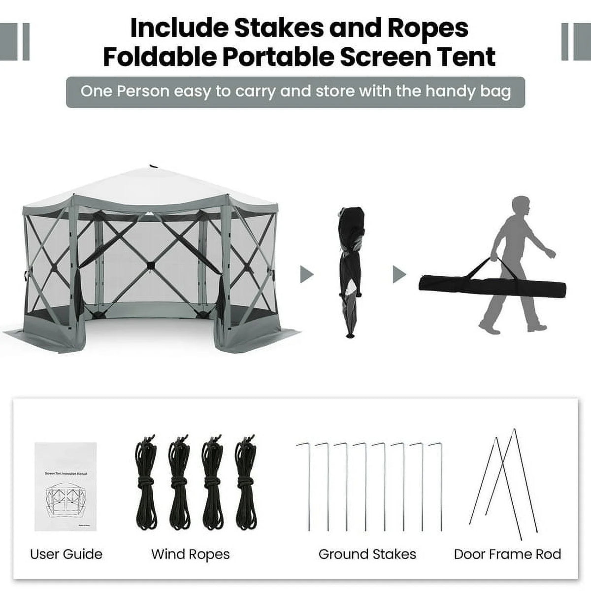 SANOPY 12'x12' Gazebo Outdoor Pop up Gazebo Screen Tent with 6 Sides Mosquito Netting Camping Gazebo Instant Shelter Glamping Tent with Carry bag, Ground Spike, Gray