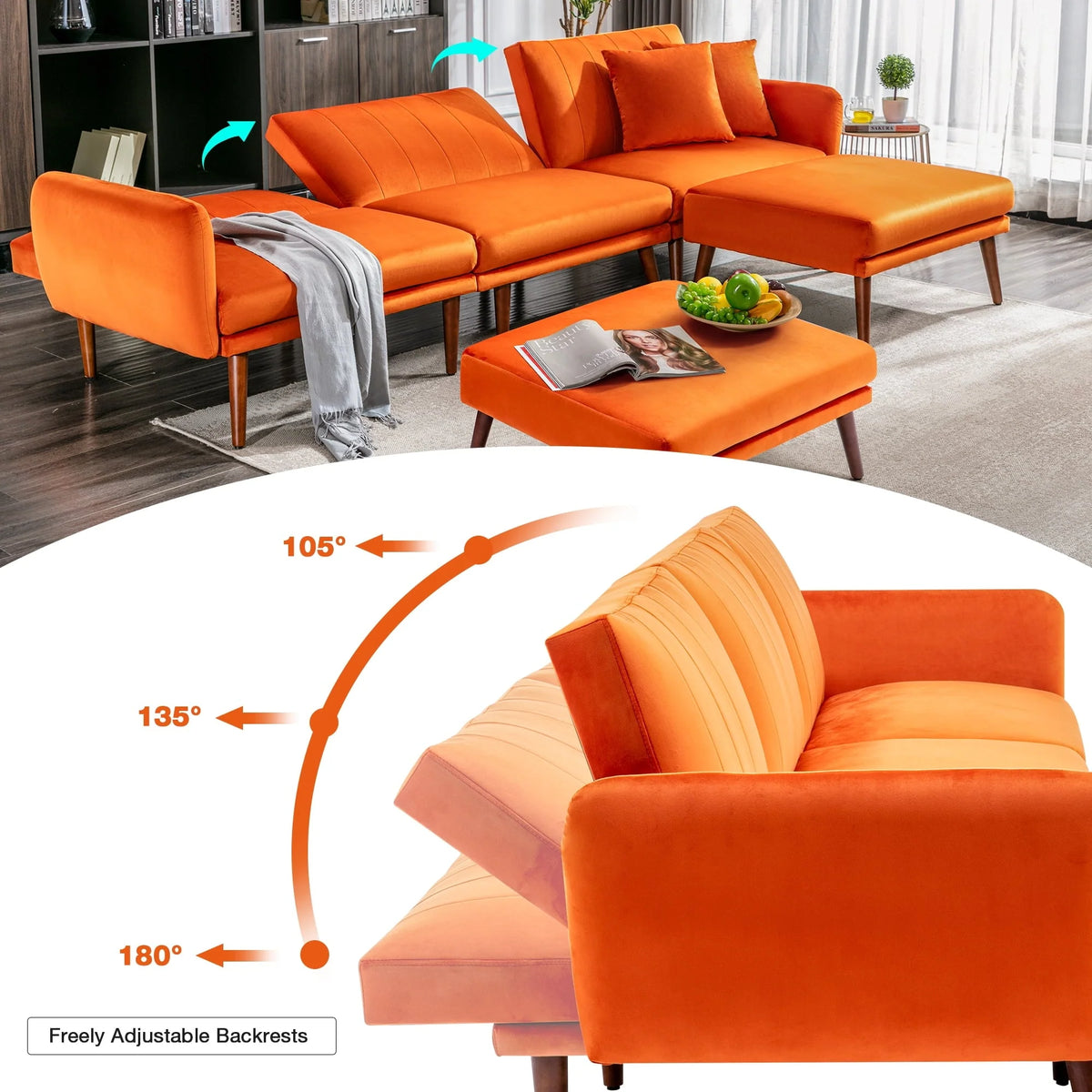 JOMEED Convertible Sectional Sofa Couch, Modern Oversized Velvet Fabric U-Shaped Couch Sofa Bed with Adjustable Backrest for Living Room, Apartment