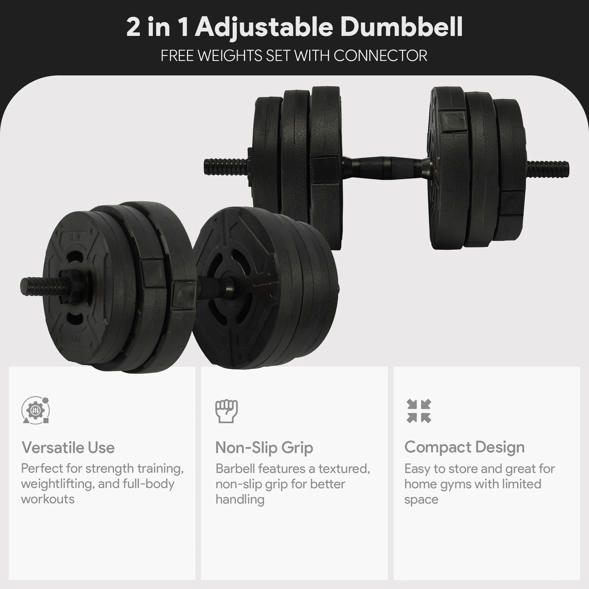 Fitvids 2 in 1 Adjustable Dumbbell Set, 60lbs Free Weights Set with Connector, Black