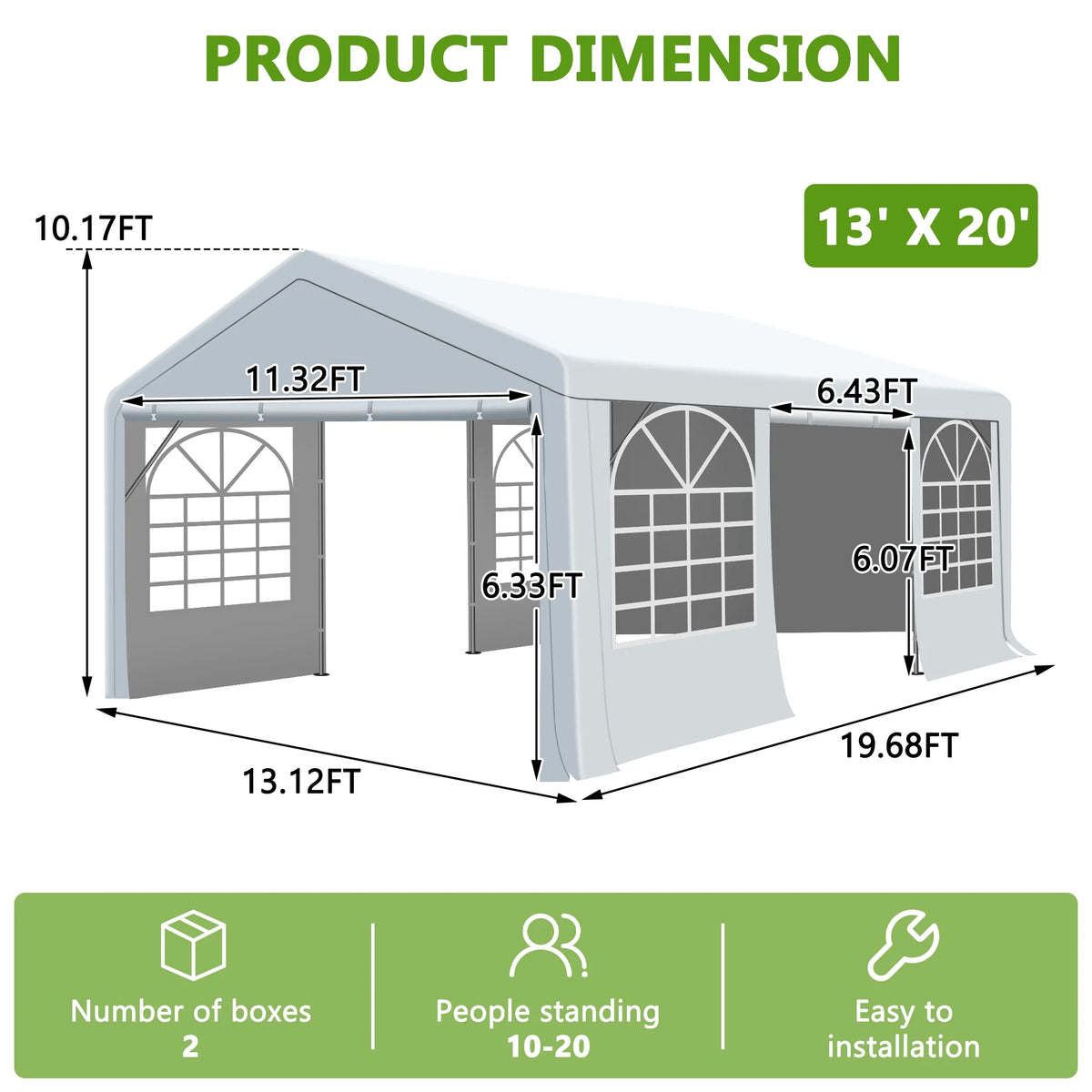 Gartooo 20'x20' Heavy Duty Party Tent, Outdoor Wedding Party Tent with Removable Sidewalls, Outdoor Canopy for Events