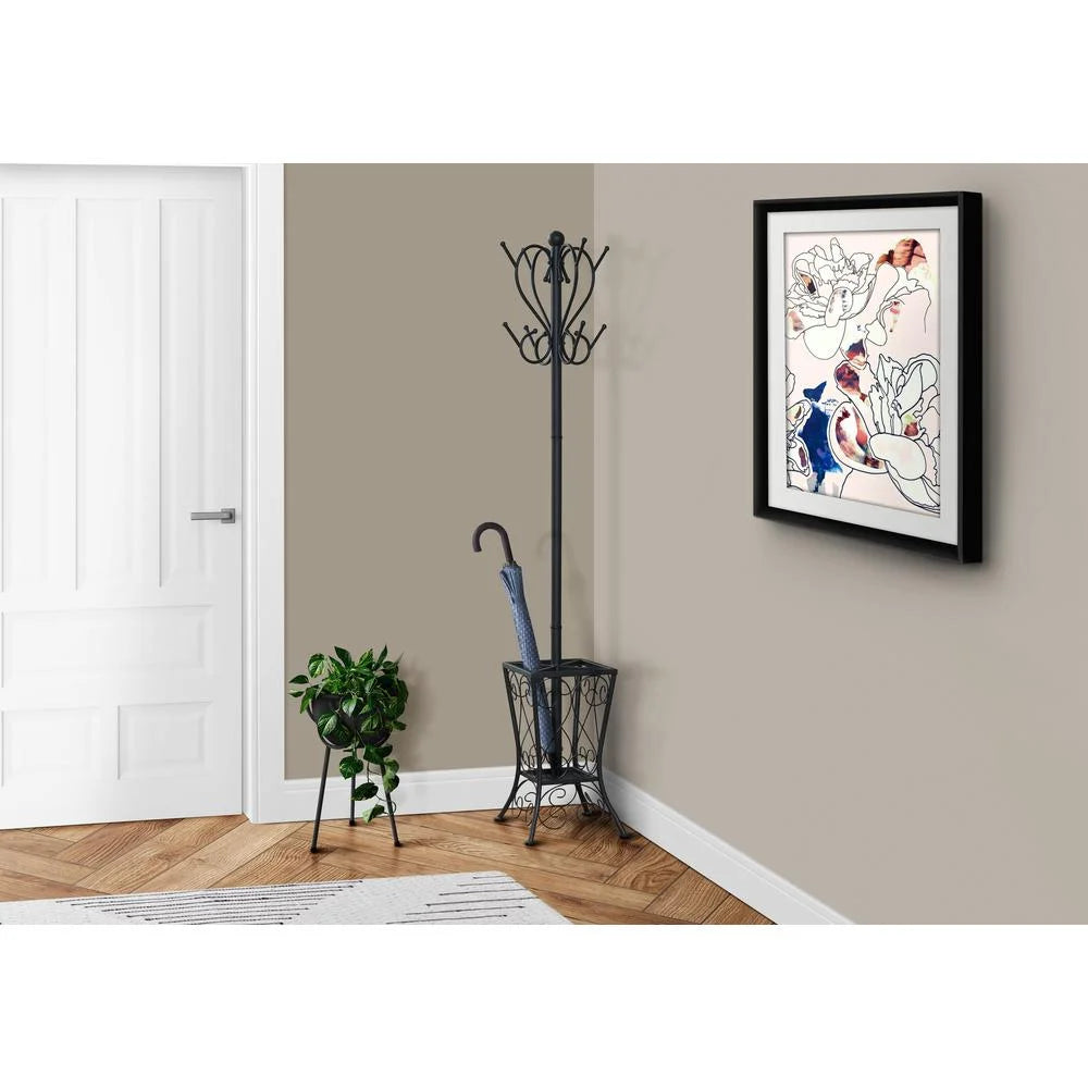 Coat Rack Hall Tree 8 Hooks Entryway 71"H Bedroom Metal Black