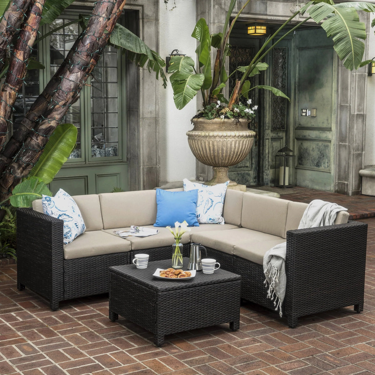 Cascada Outdoor Wicker V-Shaped Sectional Sofa Set with Cushions, Dark Brown, Beige