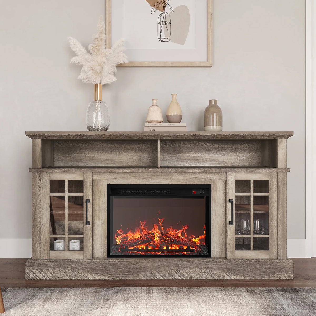 BELLEZE 58" TV Stand with 23" Electric Fireplace, Fireplace TV Console for TVs up to 65", Home Entertainment Center with Storage Cabinet and Adjustable Shelves - Astorga (Gray Wash)